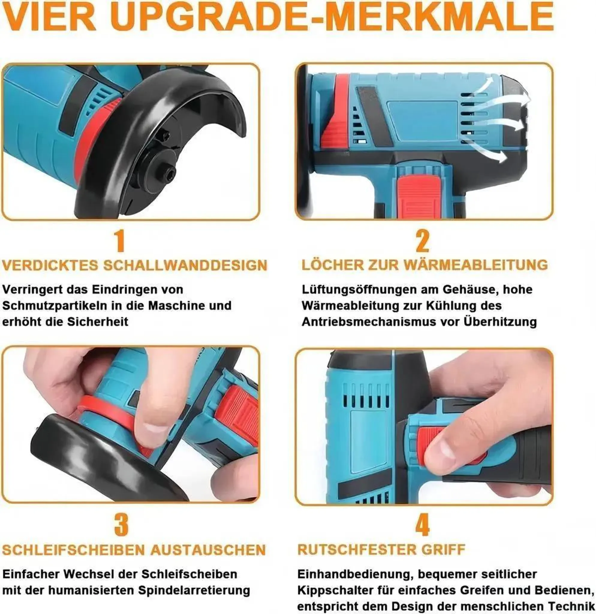 Vier Merkmale eines blauen Winkelschleifers mit Schutz und Belüftung.
