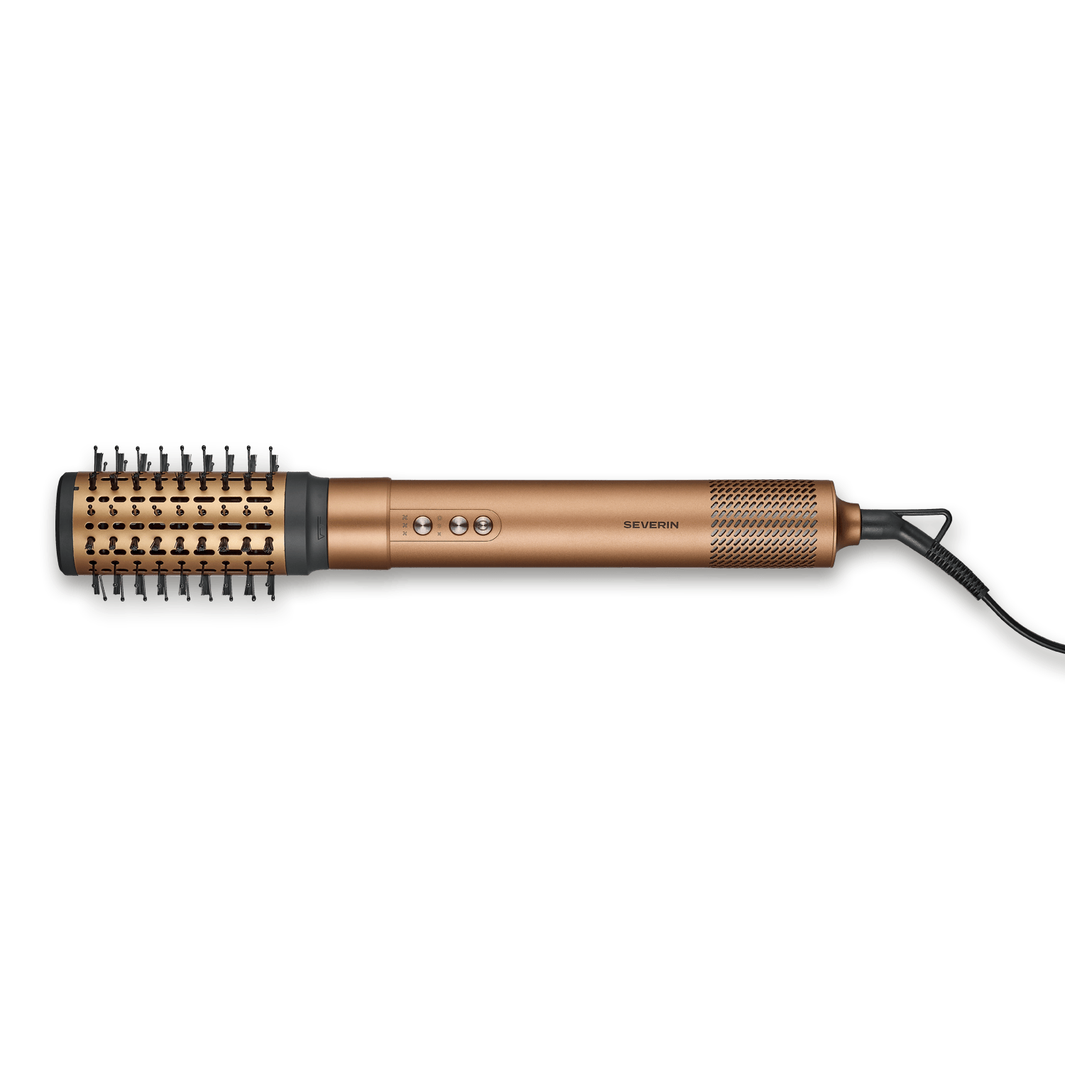 Ein bronzefarbener rotierender Lockenstab mit Bürstenaufsatz und Bedienelementen.