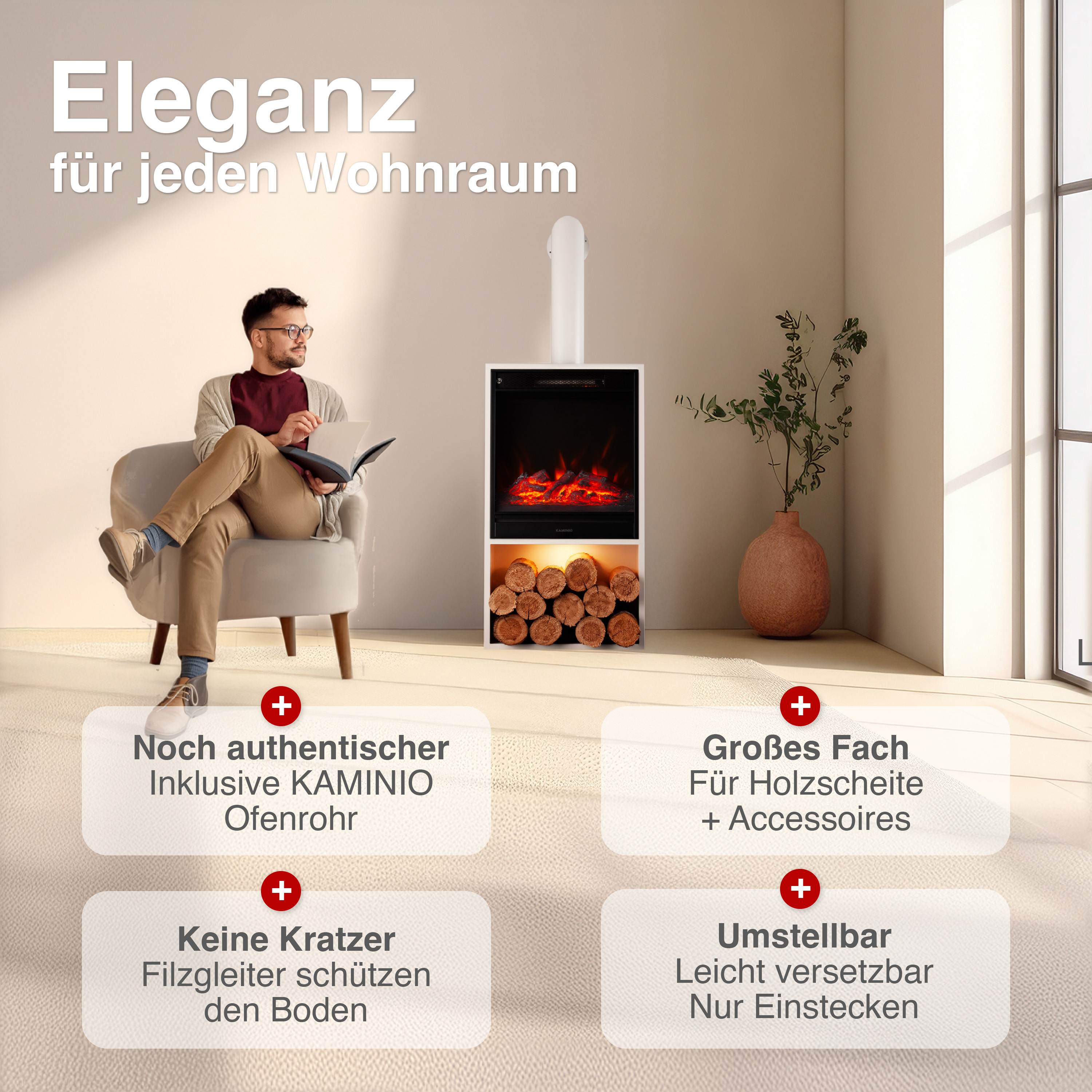 Ein Mann sitzt in einem Sessel vor einem Kamin mit Holzscheiten und Flammen.
