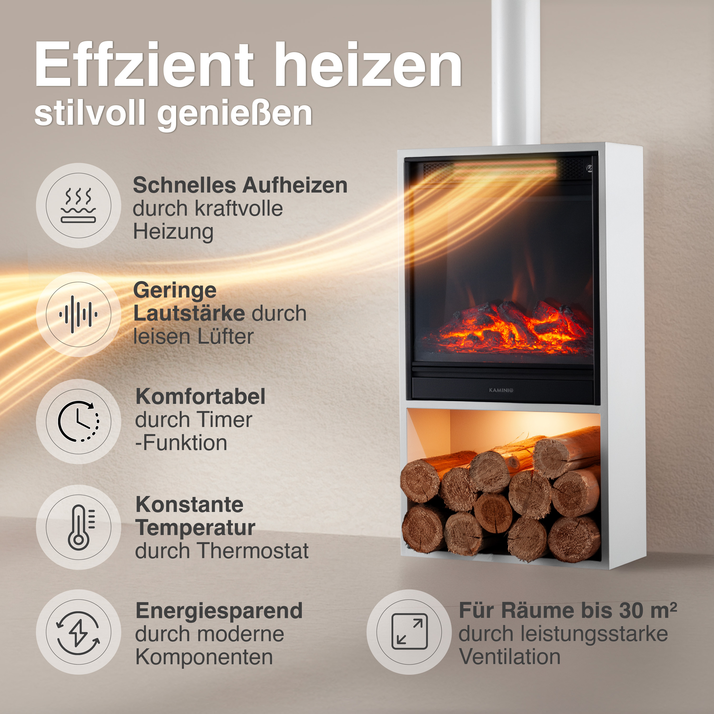 Ein moderner Elektrokamin mit Holzstapel unten, Flammen und Icons.