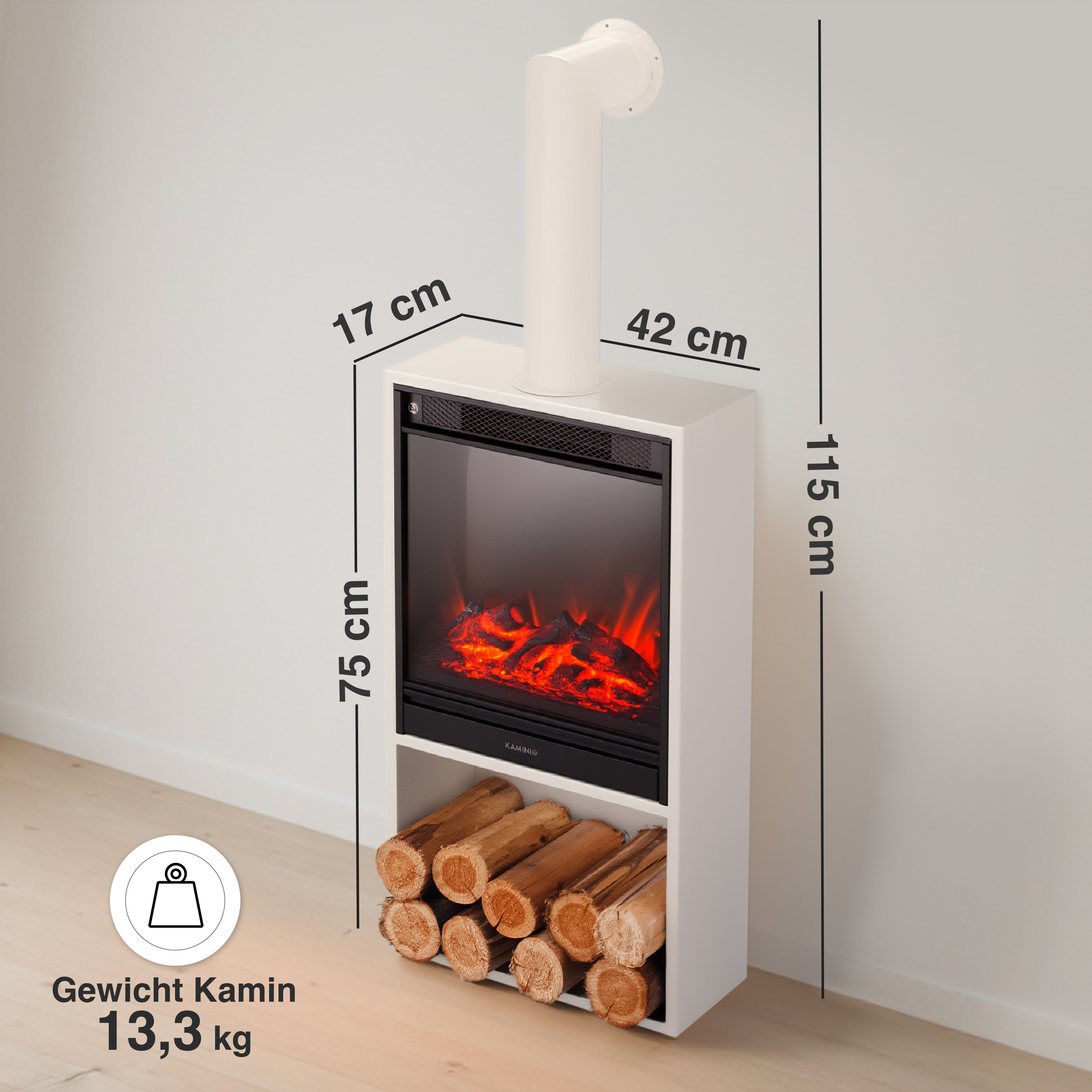 Weißer Kamin mit Flammen-Effekt, Holzlager unten, Rohranschluss oben. Maße: 115x42x17cm.