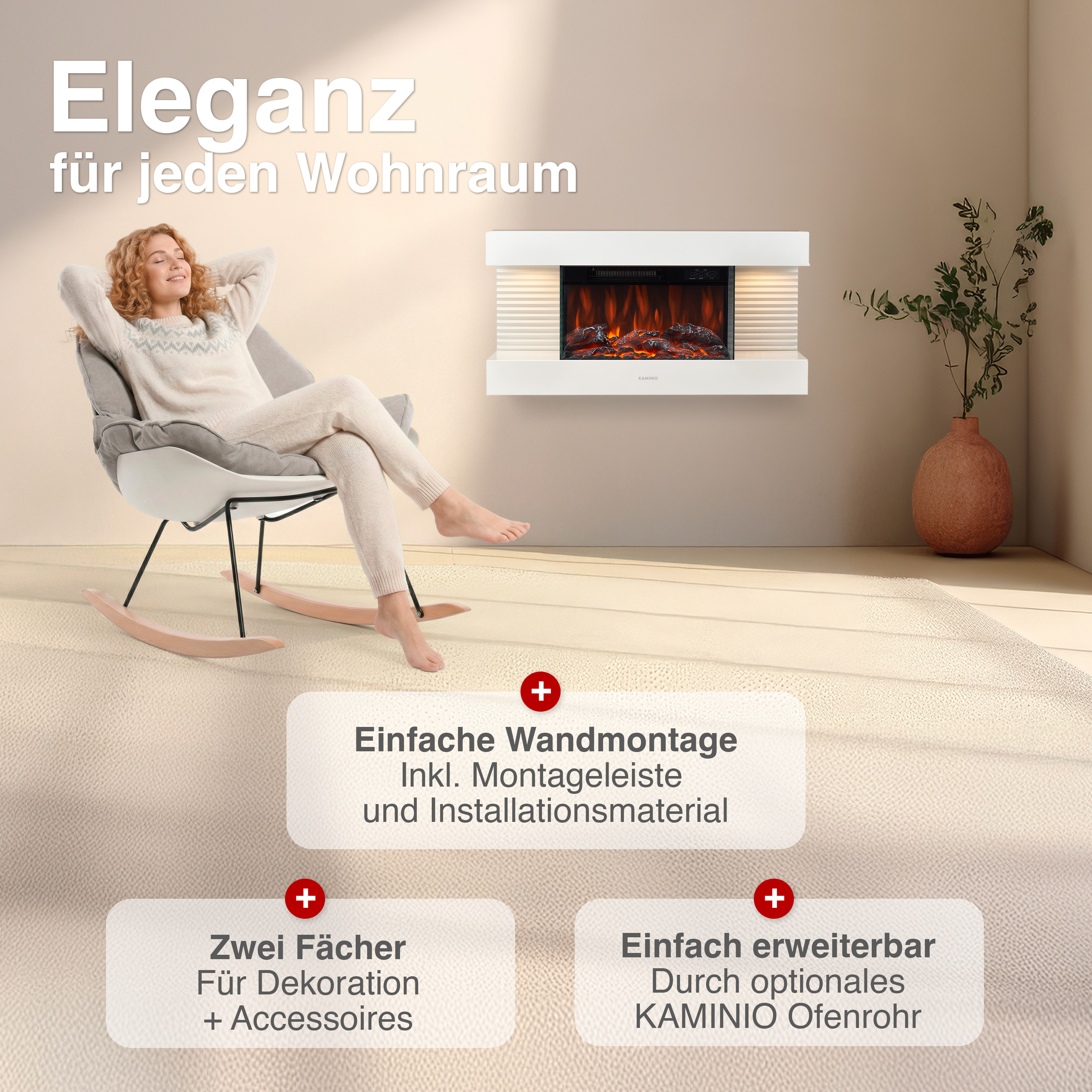 Frau entspannt in Schaukelstuhl vor Kamin. Text: Eleganz für jeden Wohnraum.