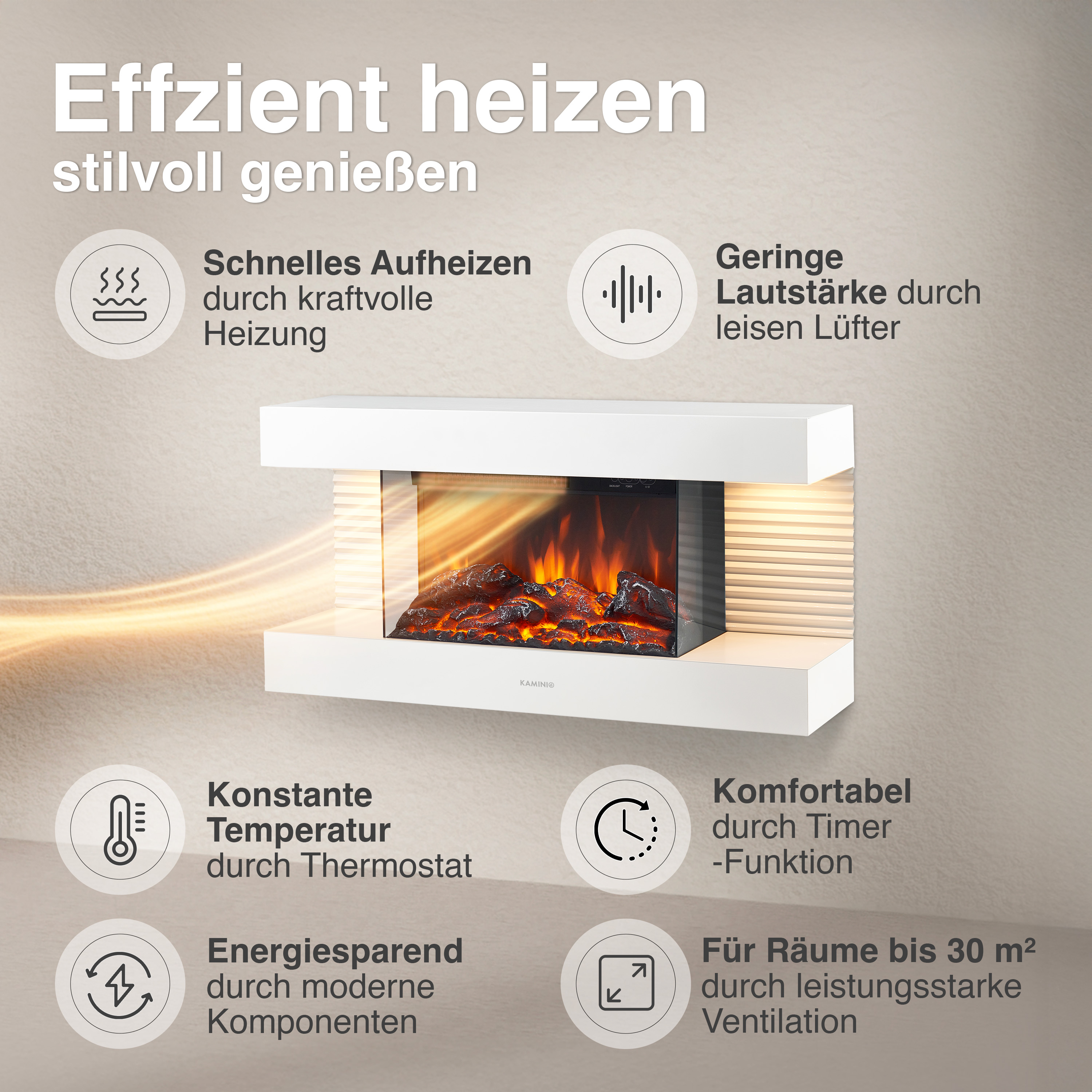 Moderner weißer Elektrokamin mit Flammen- und Holzeffekt, Heizfunktion.
