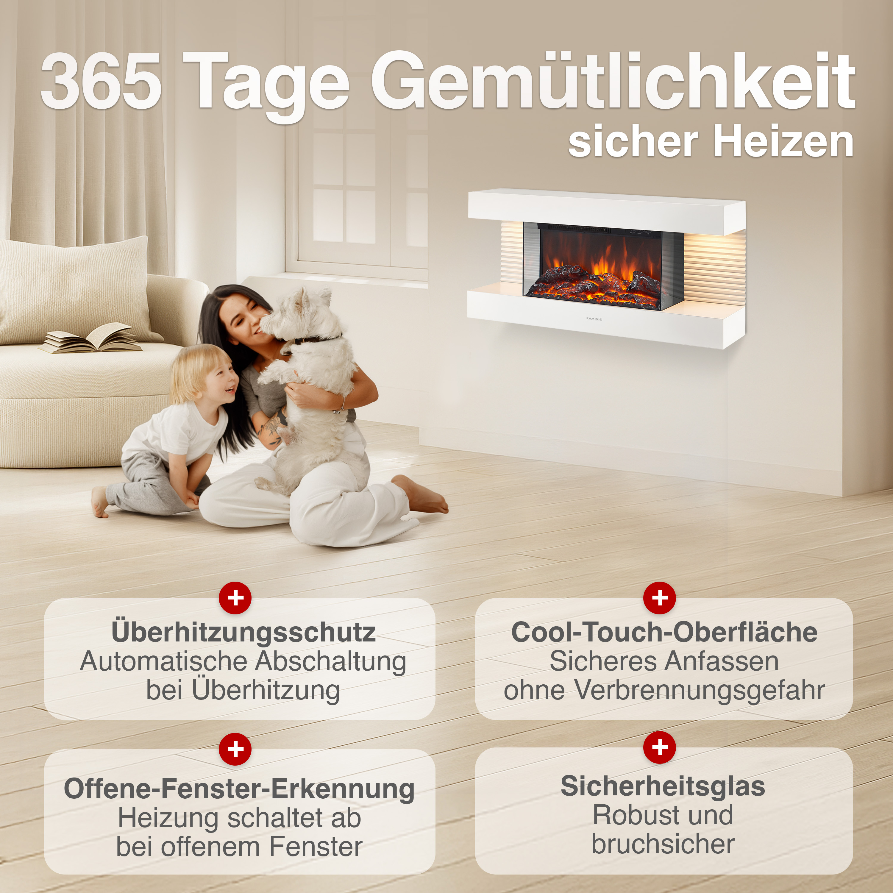 Frau mit Kind und Hund vor Kamin. Mit Sicherheitshinweisen.