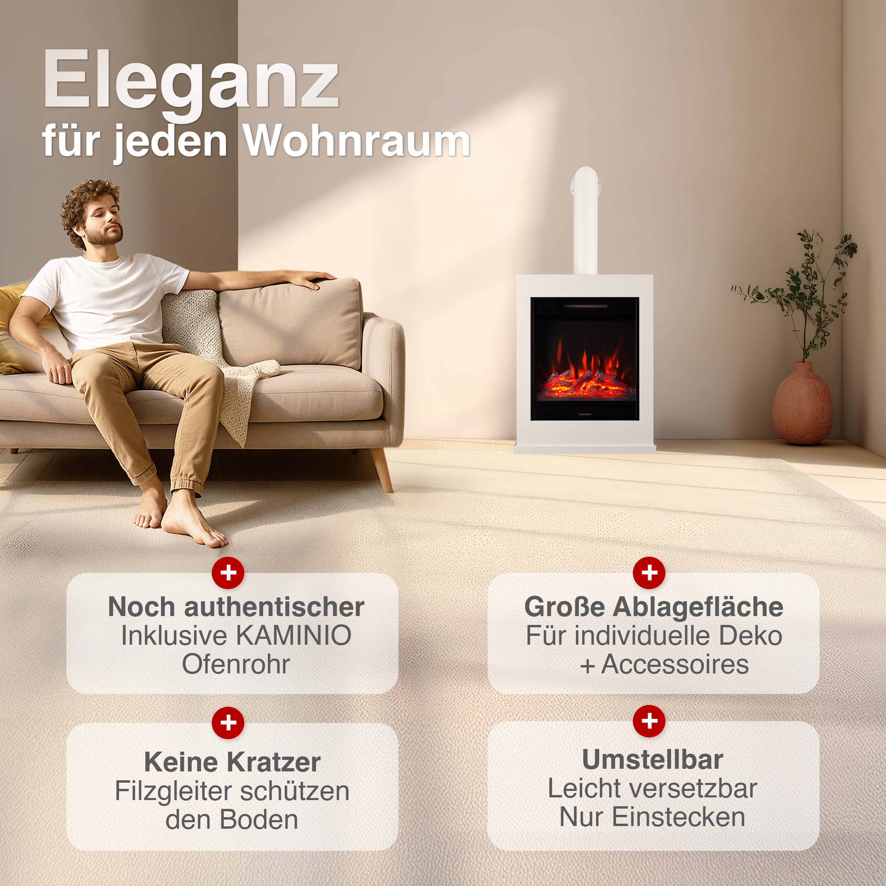 Mann entspannt auf Sofa vor modernem Kamin mit Flammen und Deko.