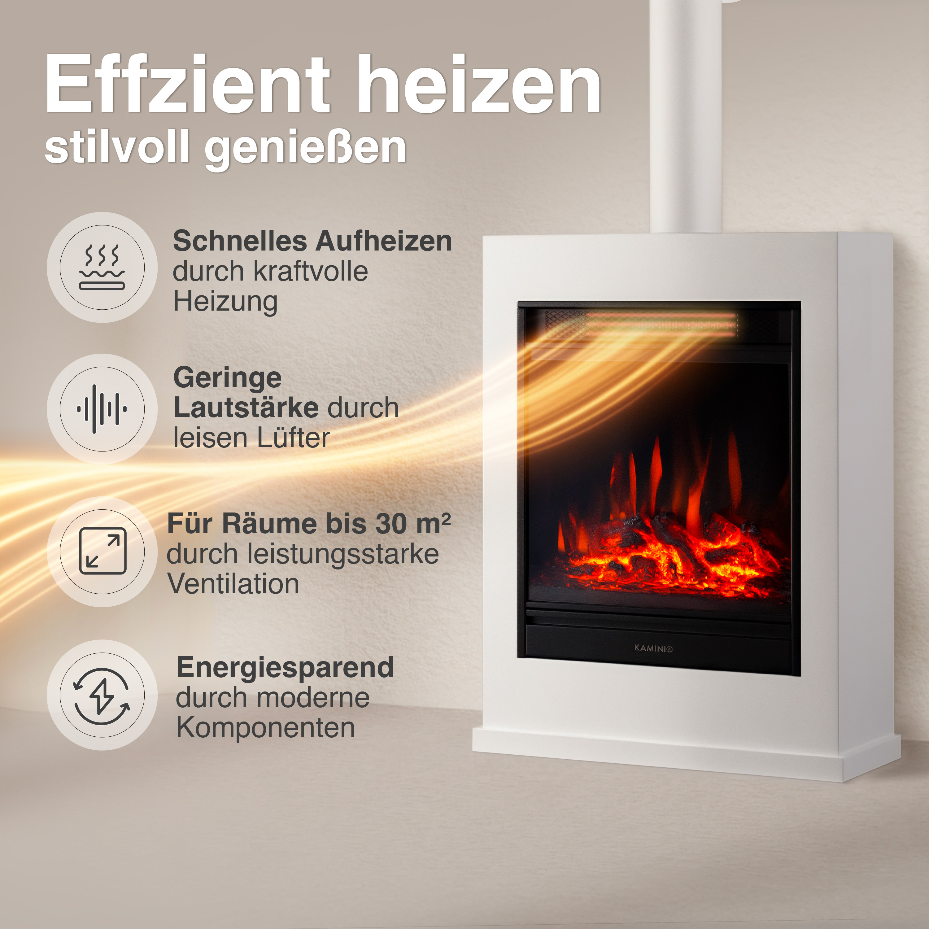 Ein weißer Kamin mit Flammen und Heizungssymbolen daneben.