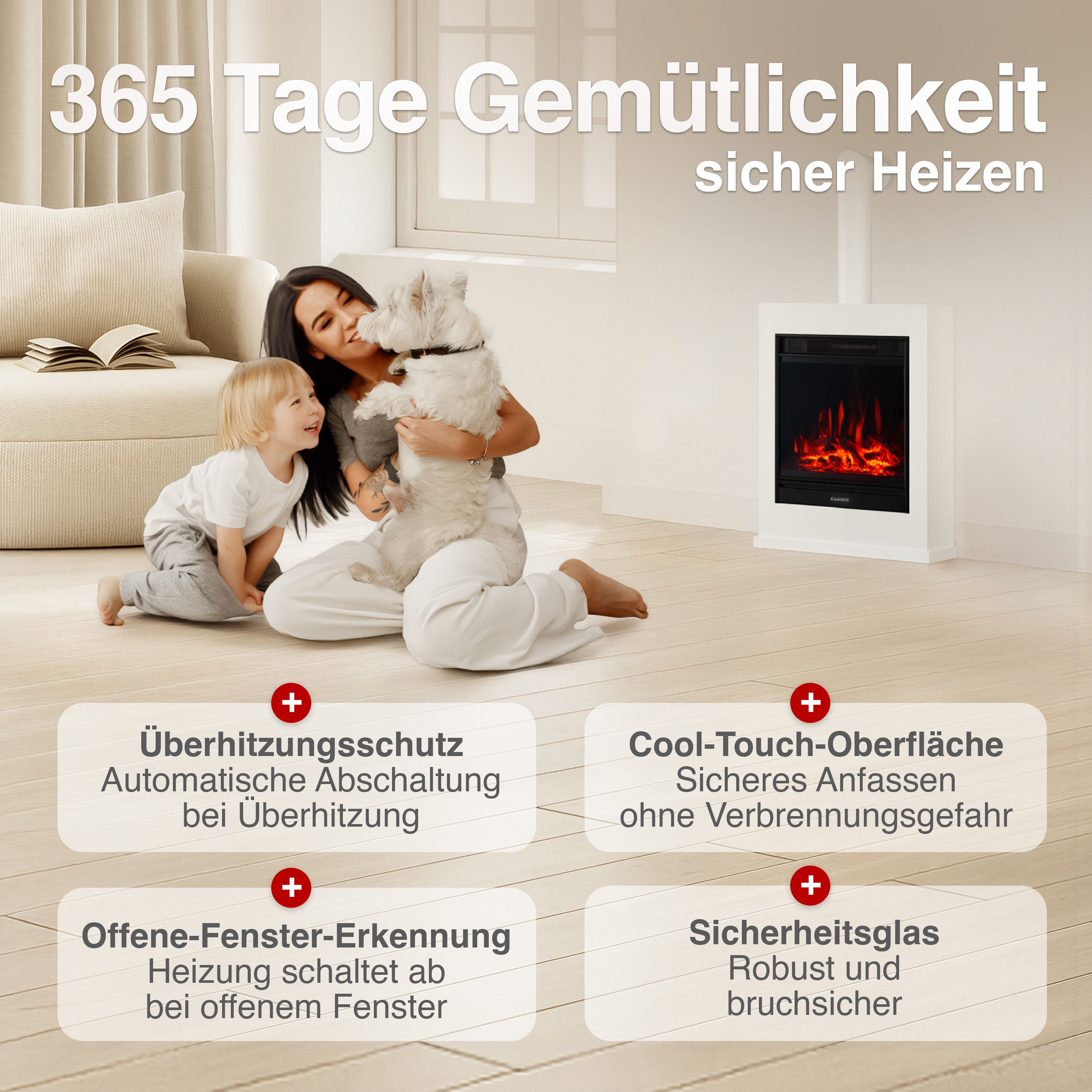 Familie mit Hund vor einem Kamini-Elektrokamin mit Flammen. Features aufgelistet.