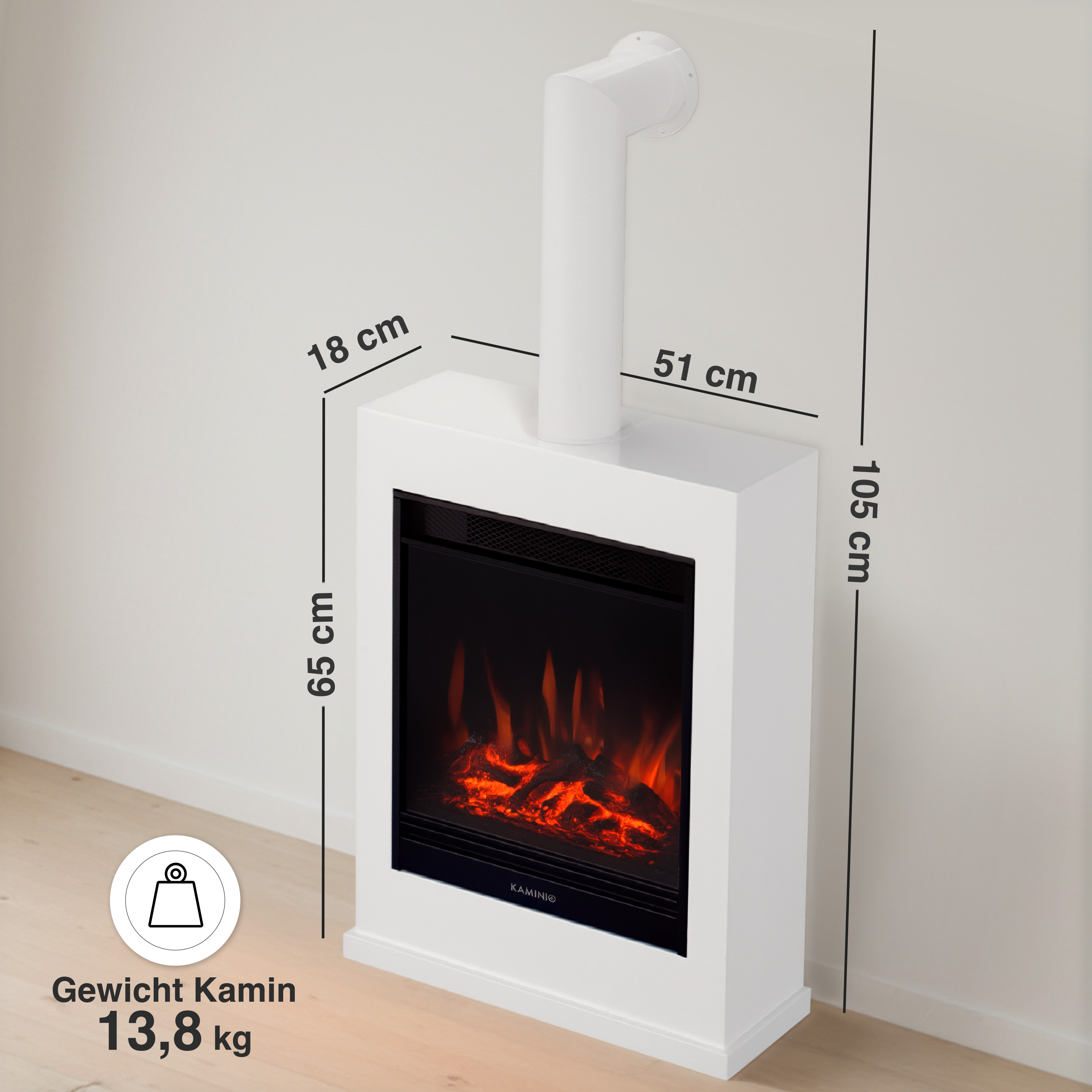 Ein weißer Kamin mit Flammen und einem weißen Schornstein, Maße sind angegeben.