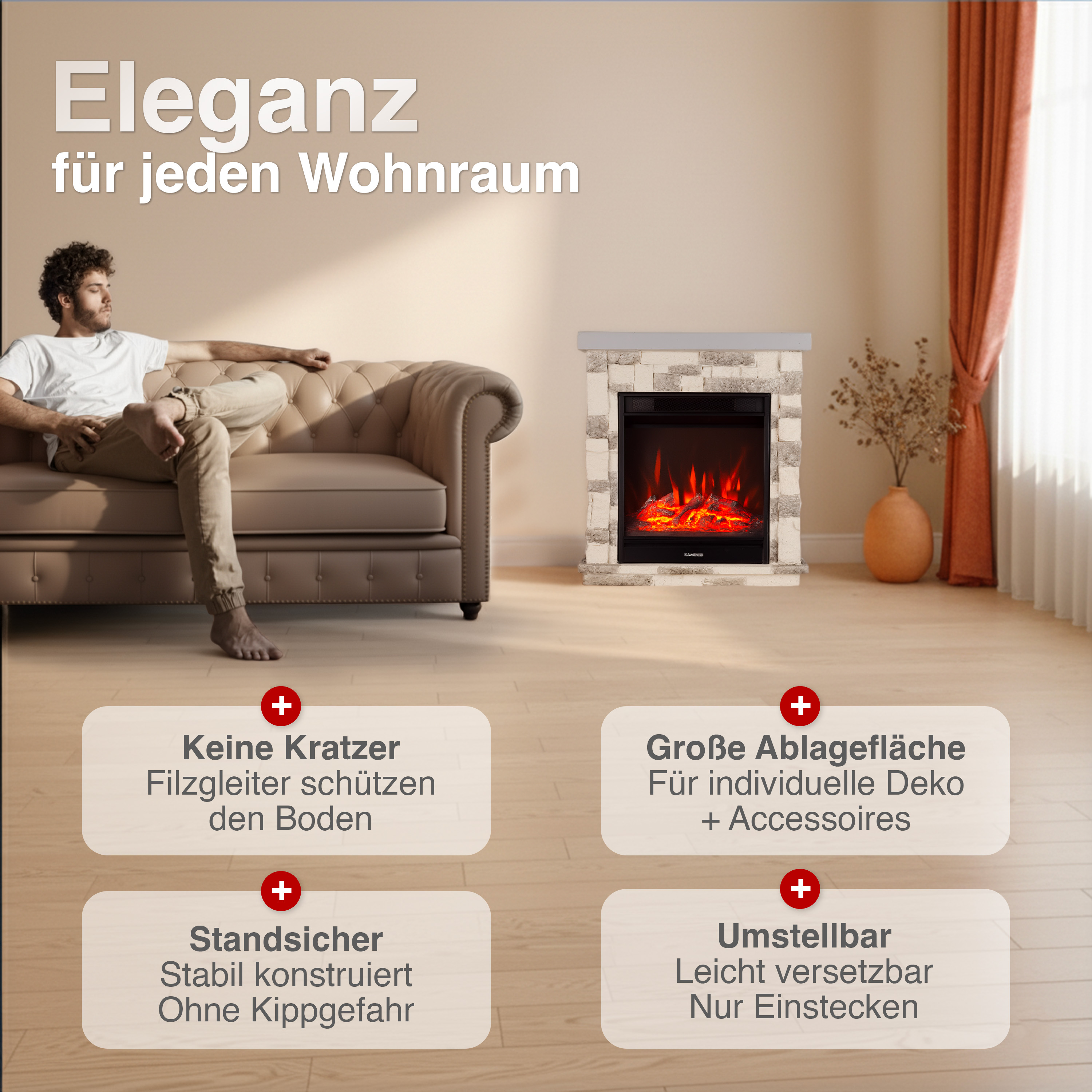Ein Mann sitzt auf einem Sofa vor einem Kamin. Text über Eleganz.