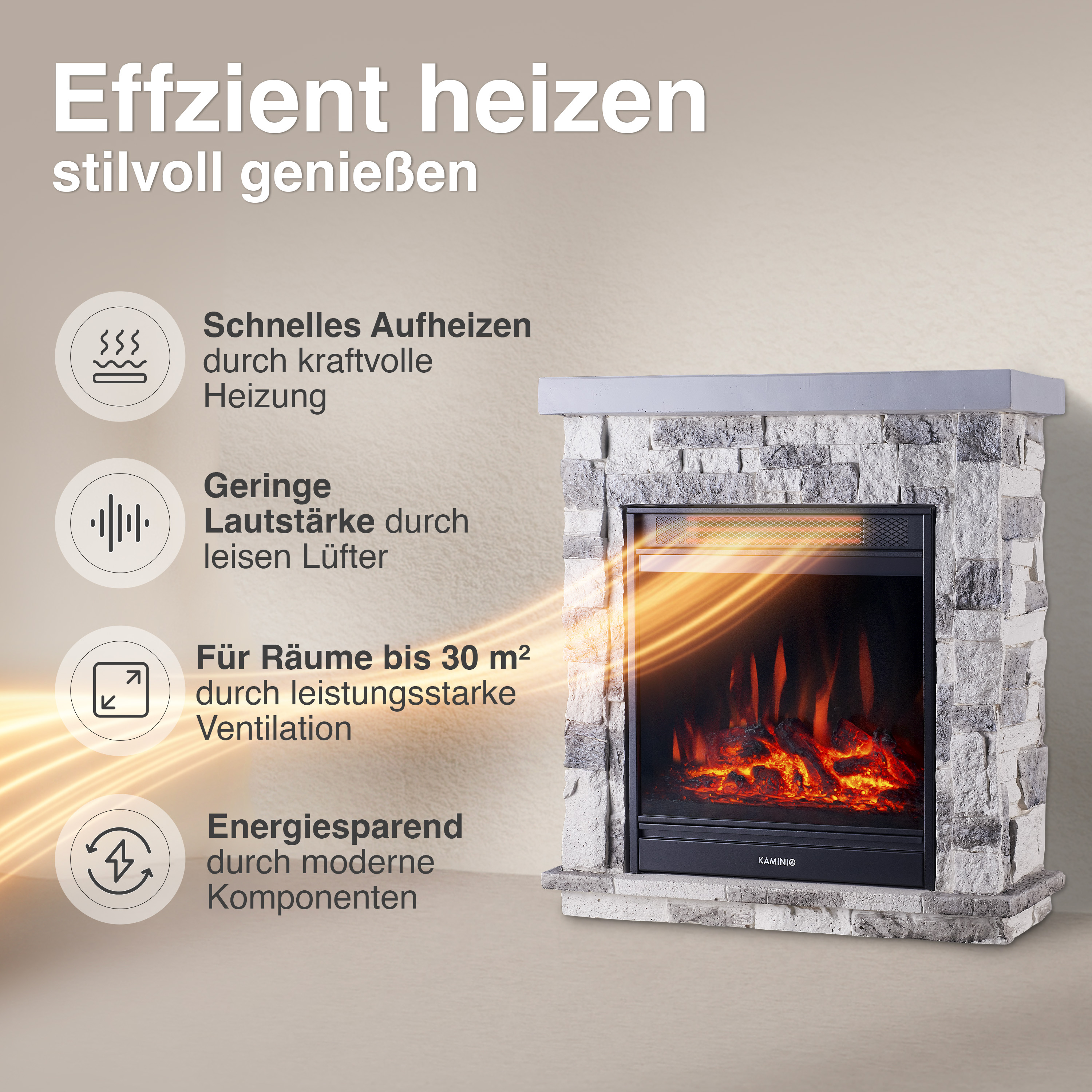 Kamin mit Steinverkleidung und Flammenoptik, mit Icons für Heizleistung und Effizienz.