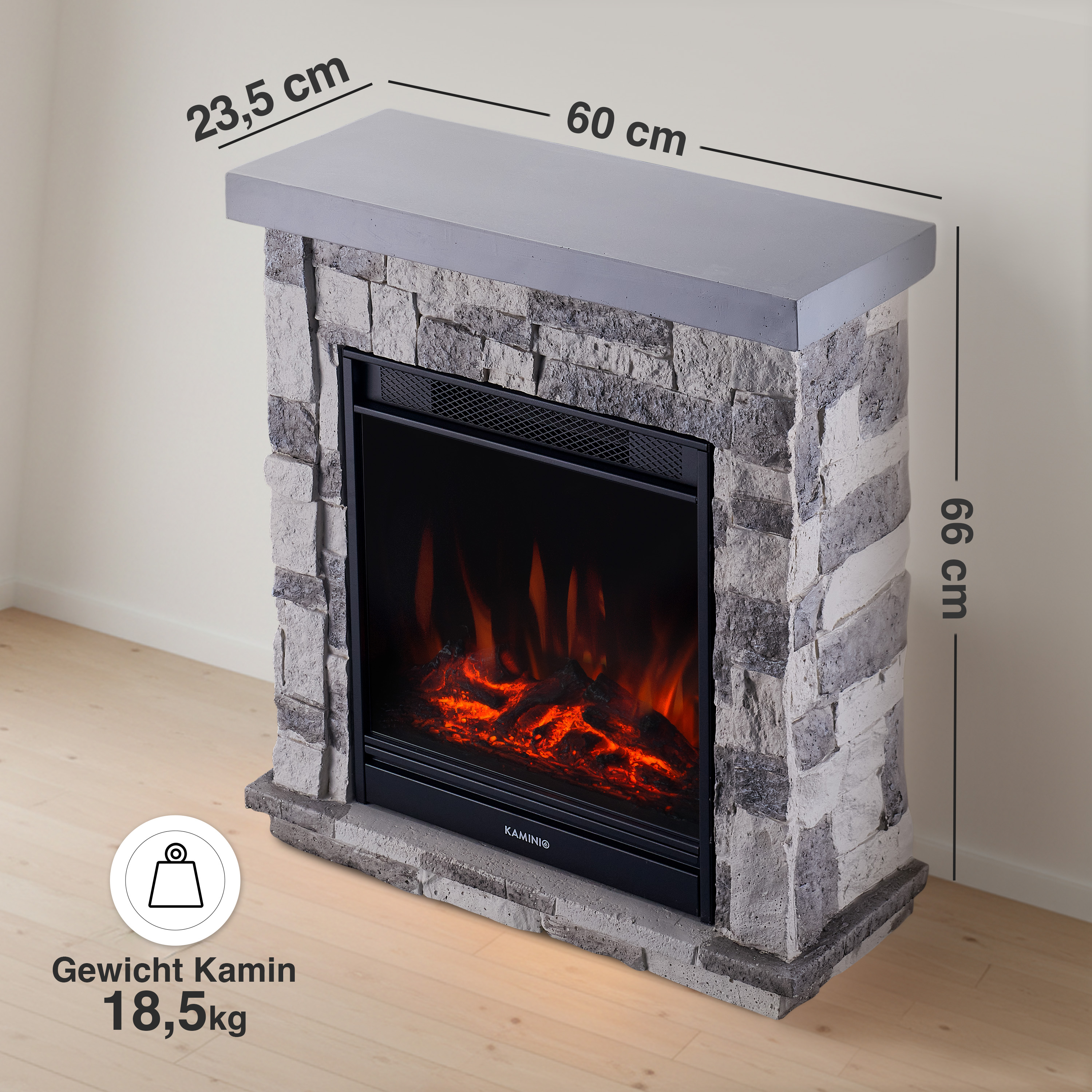 Kamin mit Steinverkleidung und Flammen. Maße: 60x23,5x66cm. Gewicht 18,5kg.