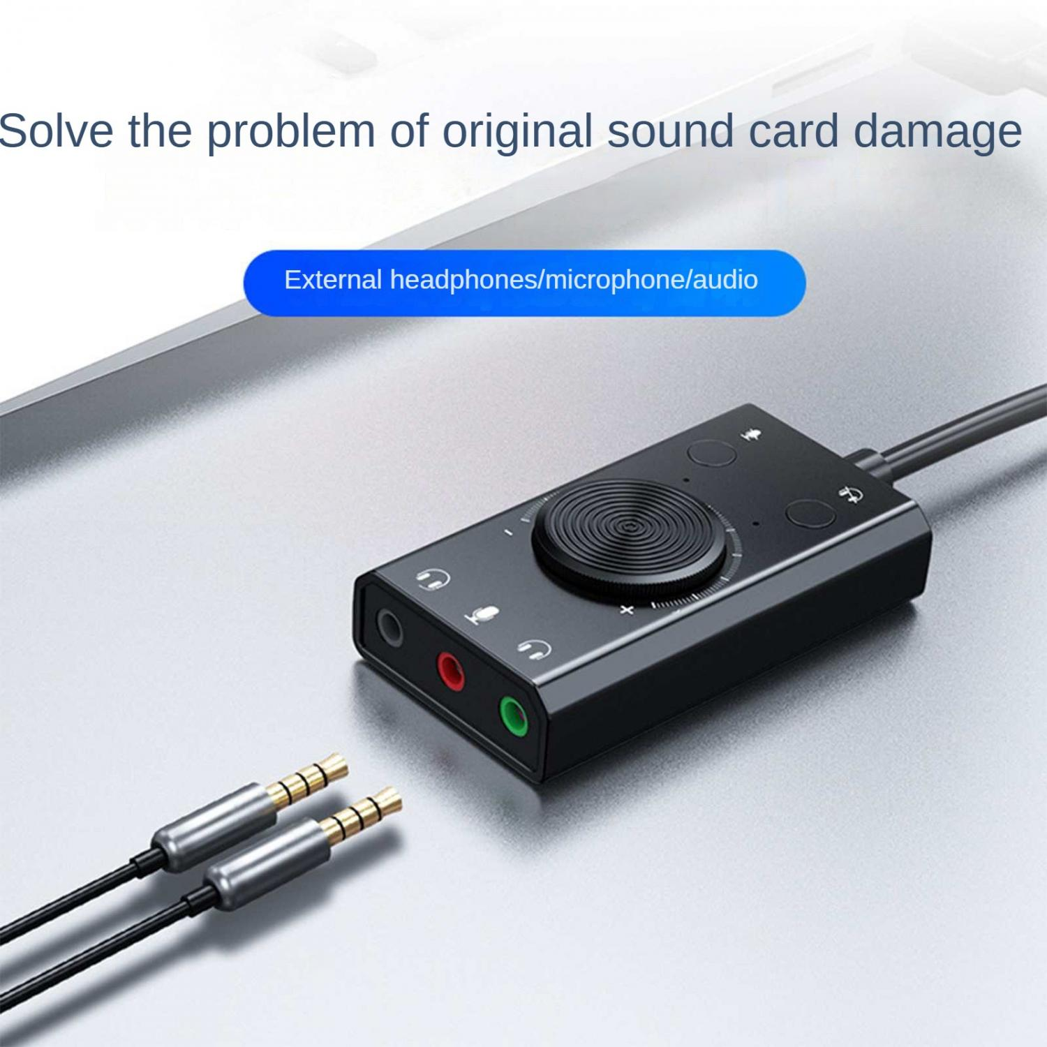 Schwarzer externer Audioadapter mit Kabeln und Anschlüssen für Kopfhörer/Mikrofon.