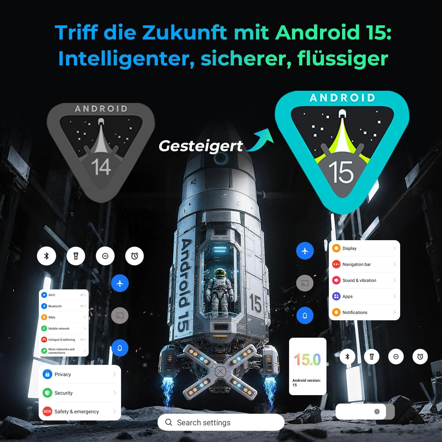 Logos de Android 14 y 15 junto a cohete. Menús con ajustes.