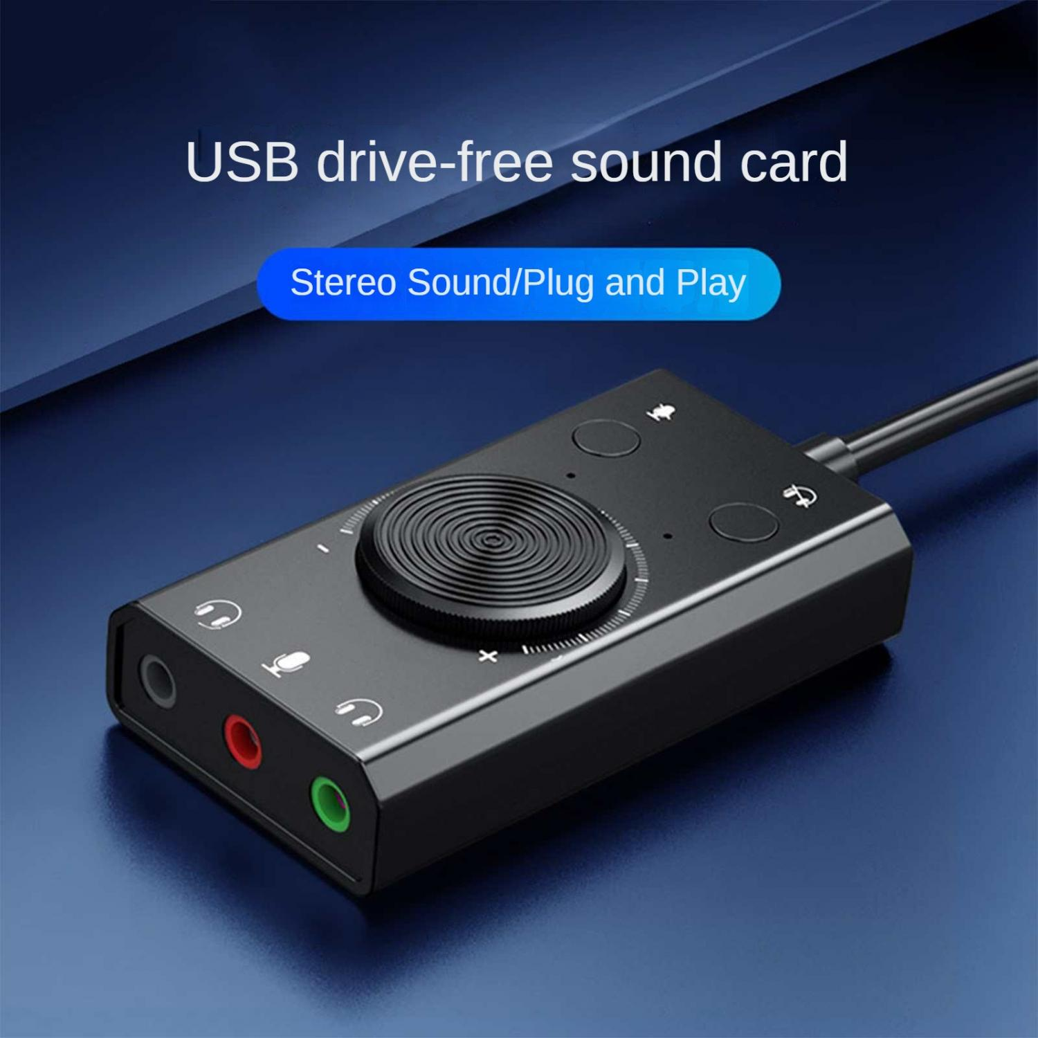 Schwarzer USB-Soundkarten-Adapter mit Drehknopf, Mikrofon- und Kopfhöreranschlüssen.
