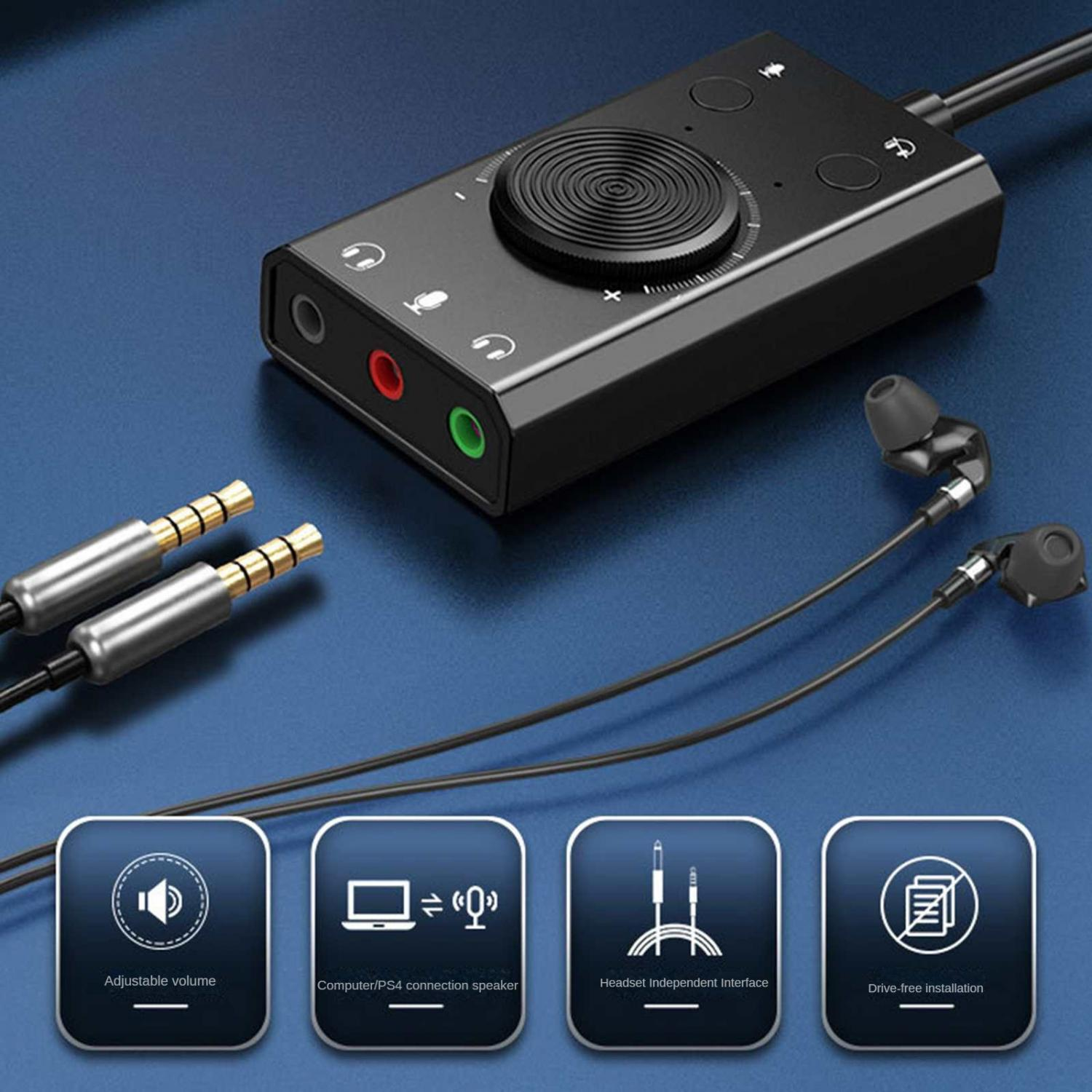 Schwarzer Audio-Adapter mit Kopfhörern, Kabeln und Symbolen für Lautstärke und Anschlüsse.