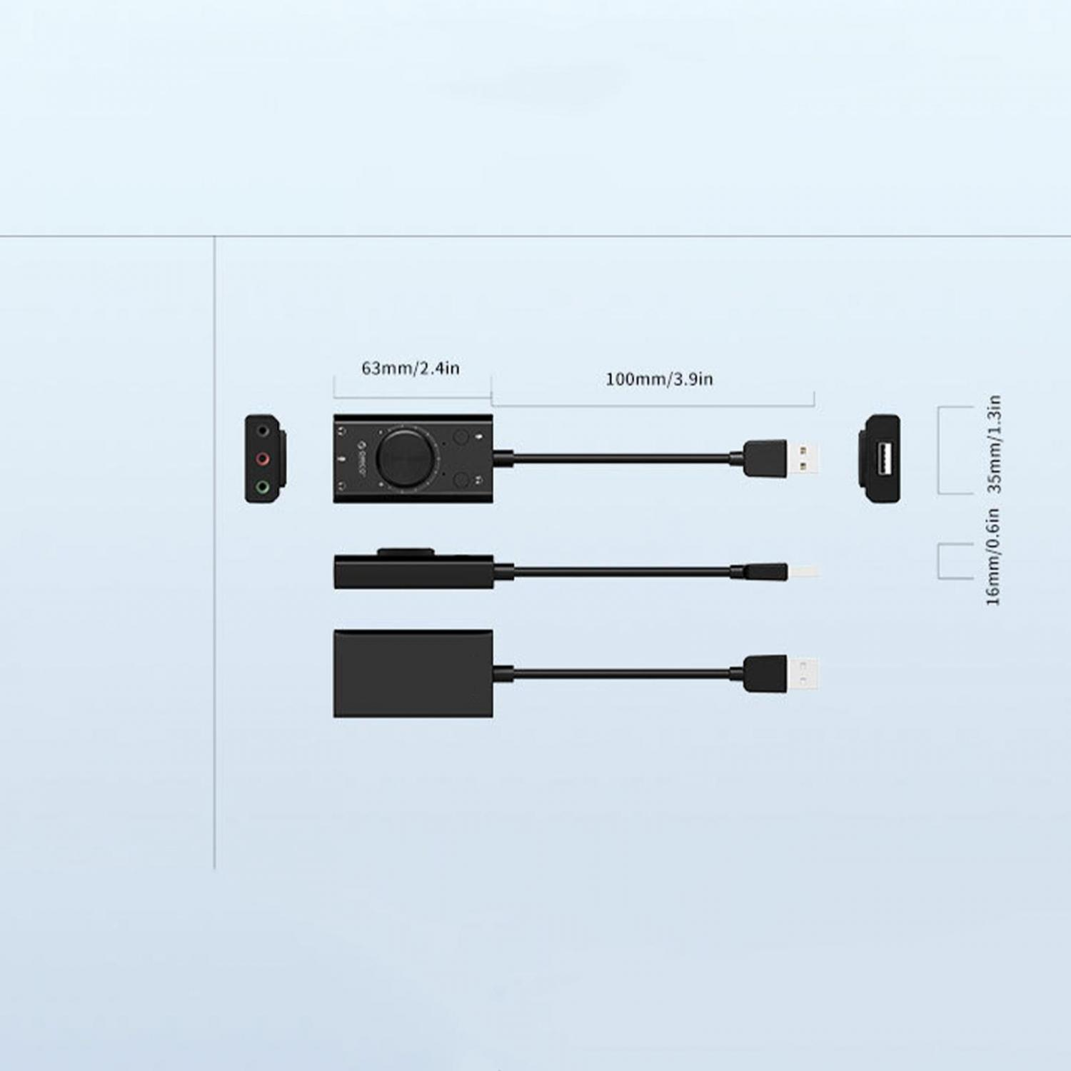 Diagramm zeigt Audio-Adapter mit Kabeln und Maßen.