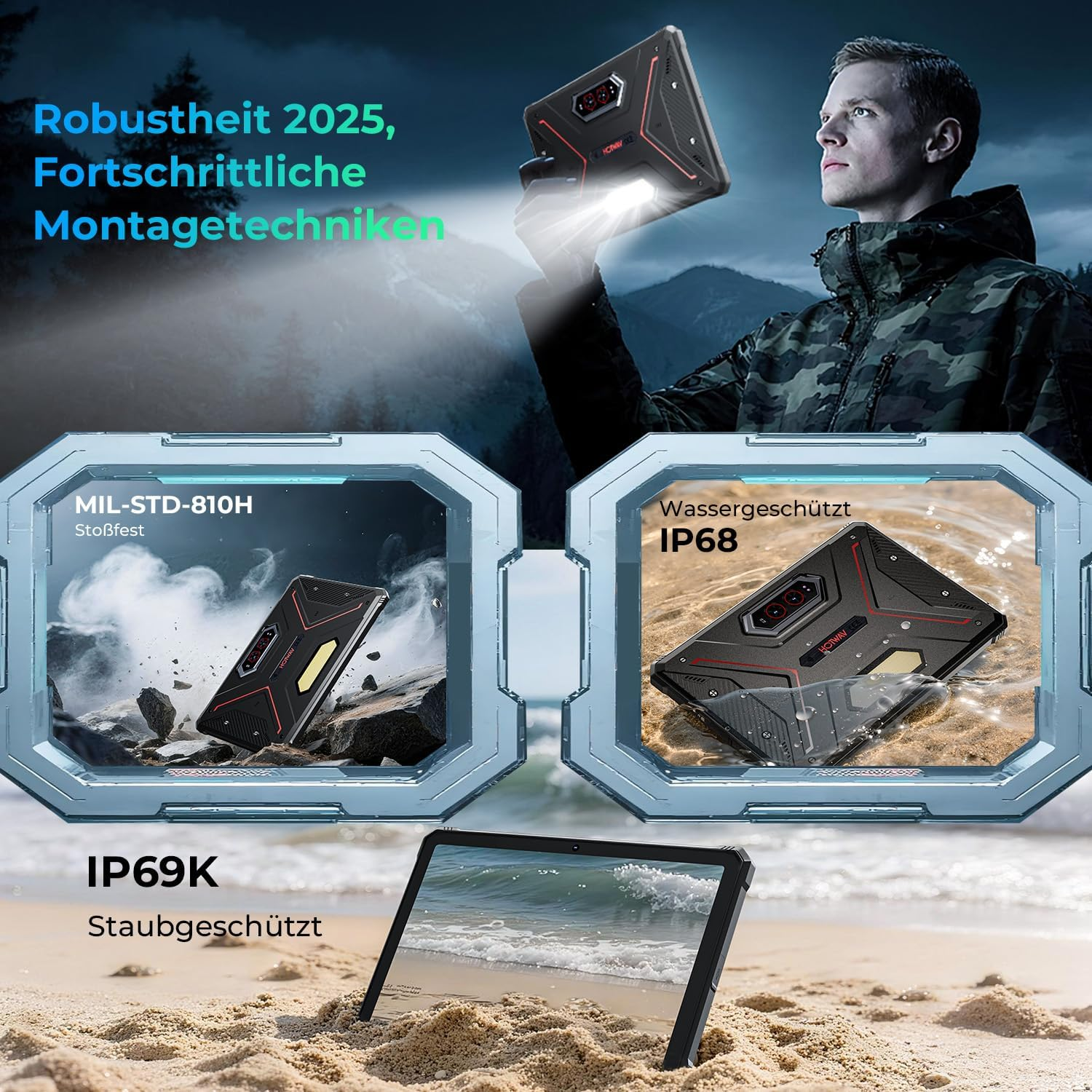 Tablet robusto en arena y agua, MIL-STD-810H, IP68, IP69K.
