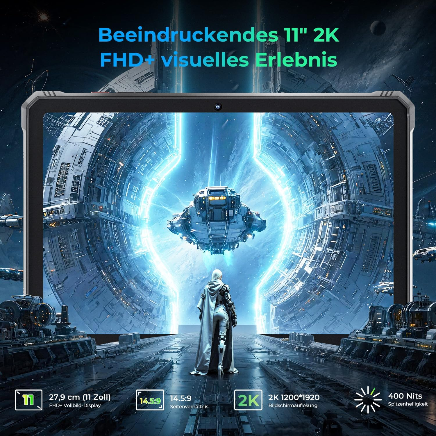 Tableta muestra estación espacial futurista con figura, pantalla 2K FHD+ 11 pulg.