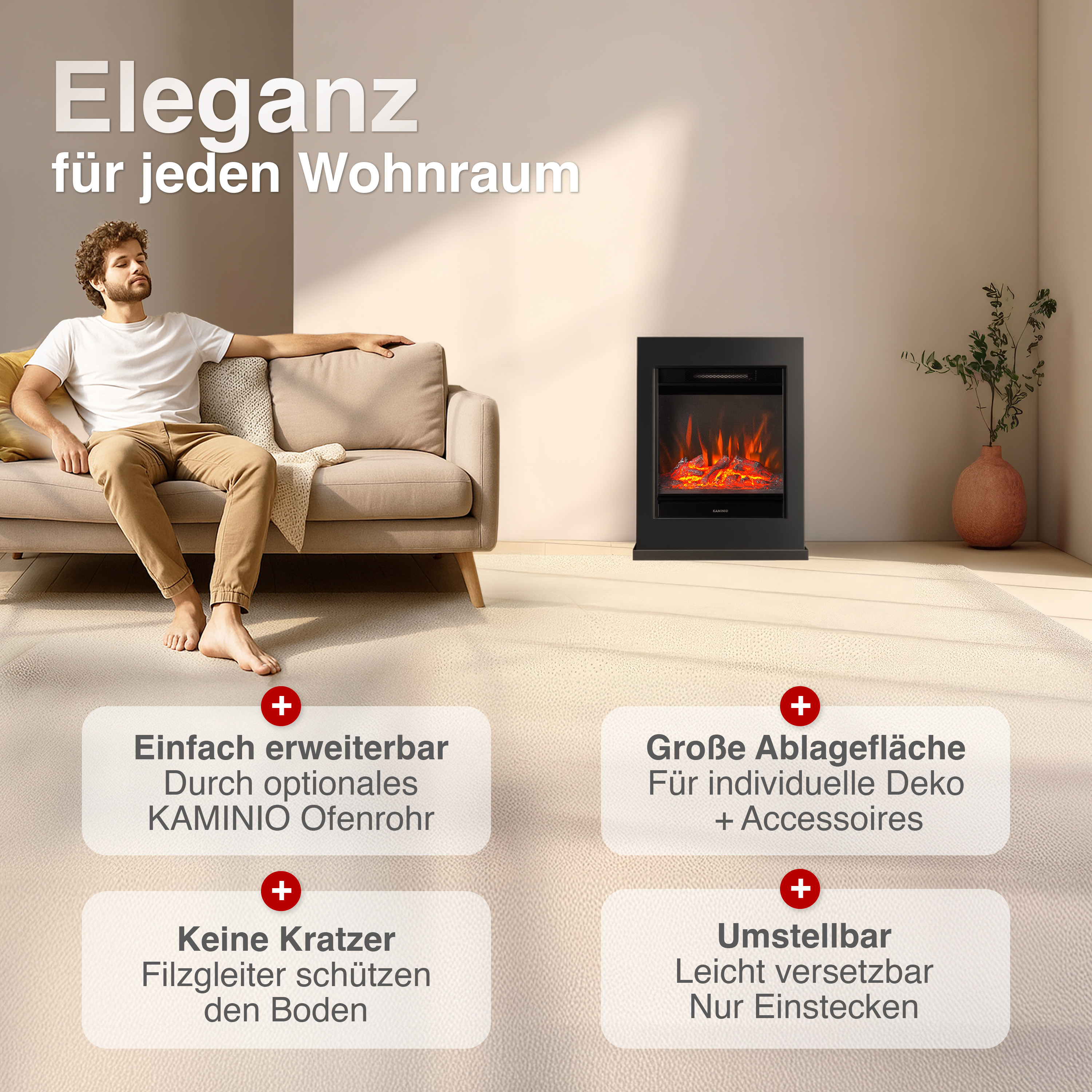 Mann auf Sofa vor Kamin. Text: Eleganz für jeden Wohnraum.