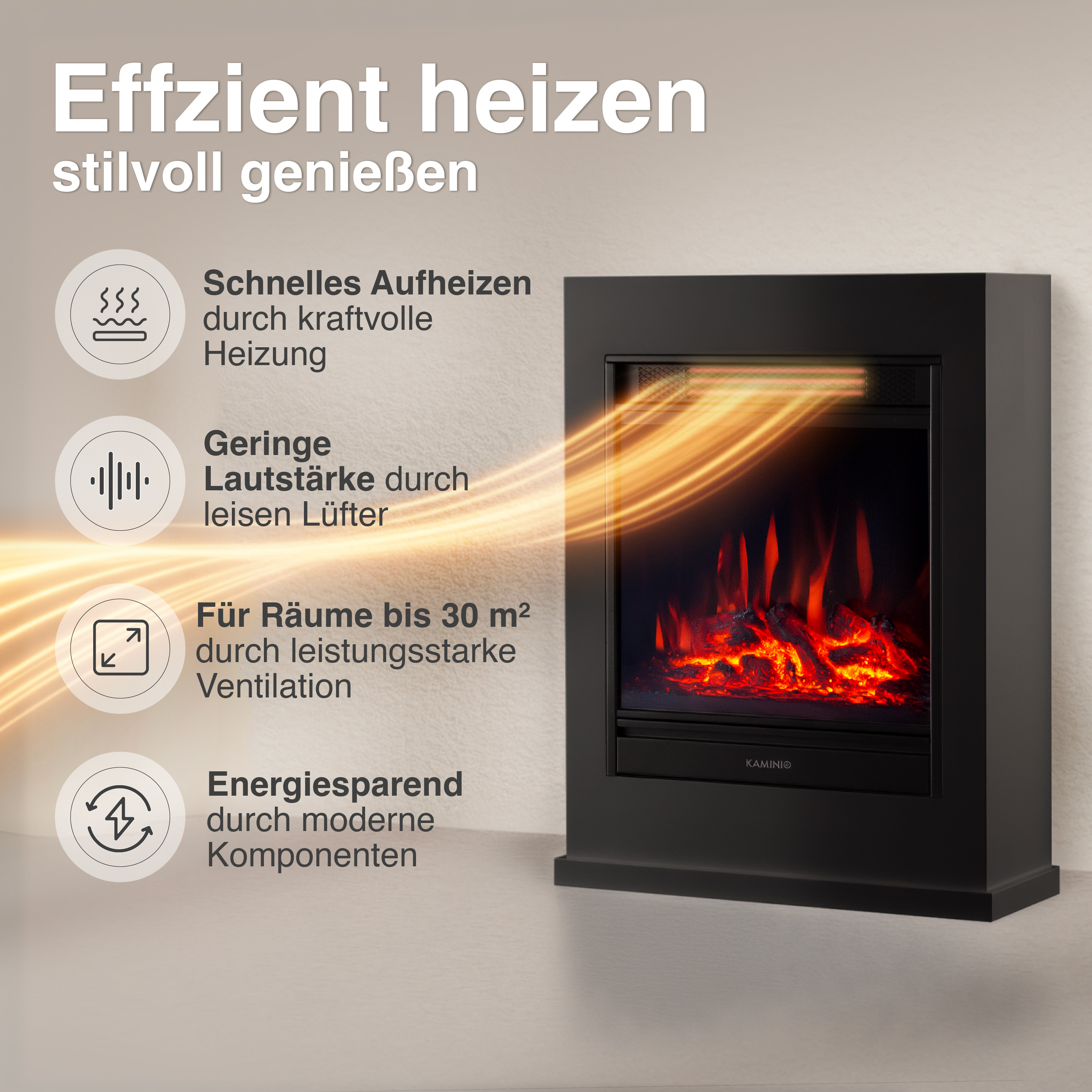 Schwarzer Elektrokamin mit Flammen-Effekt und orangefarbenen Heizungsströmen.