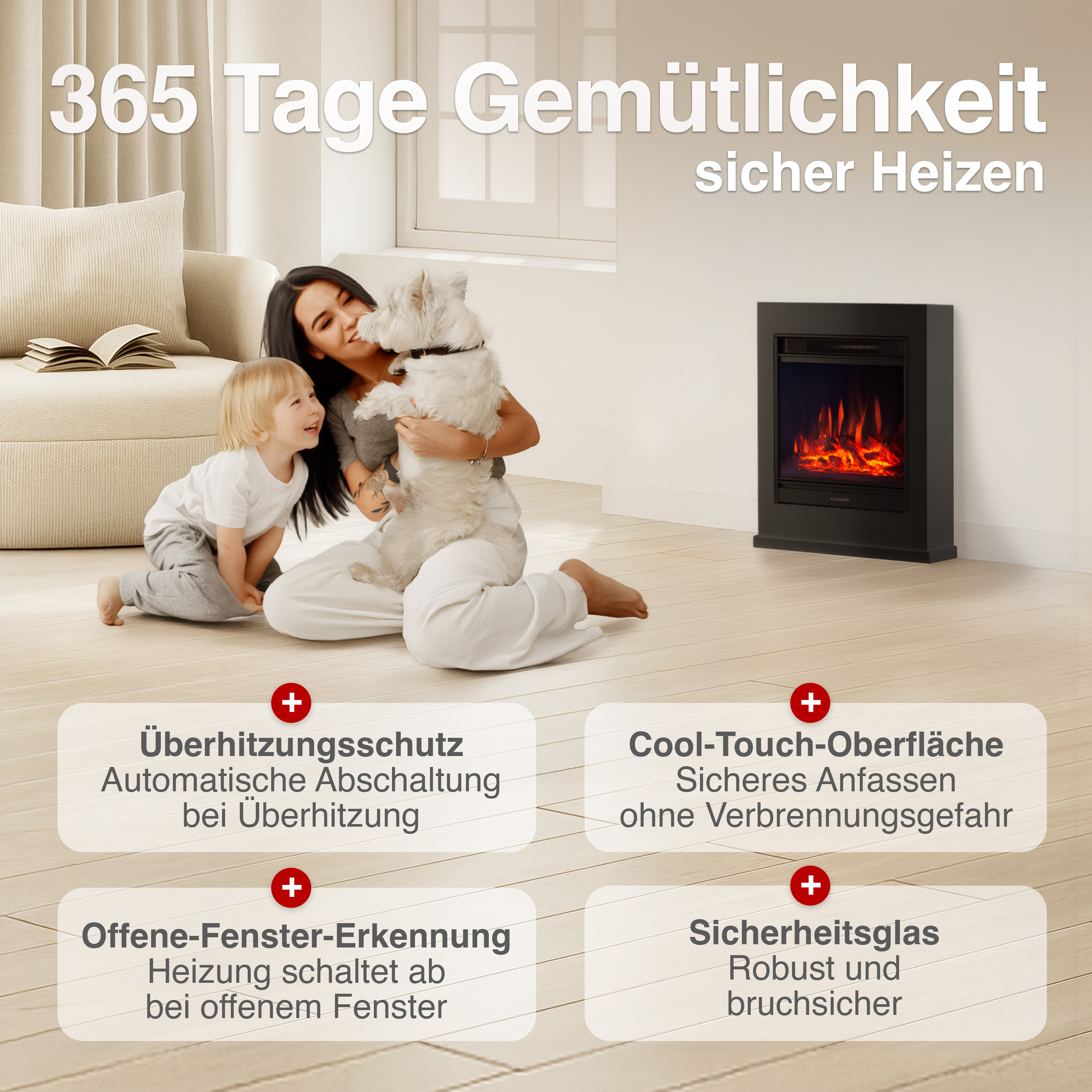 Familie mit Hund vor Kamin, mit Sicherheitshinweisen.