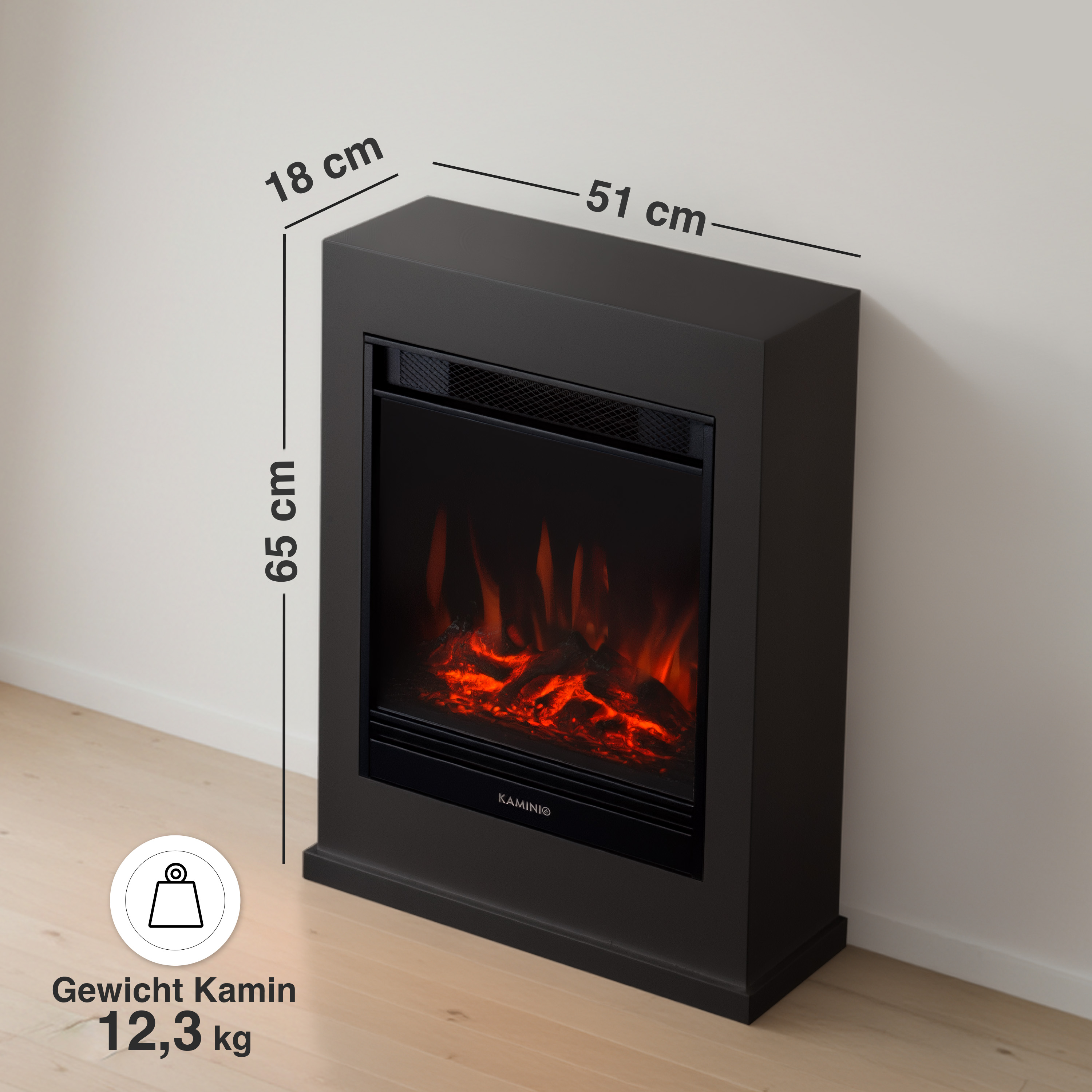 Schwarzer Kamin mit Flammenoptik, 65x51x18cm, 12.3kg.