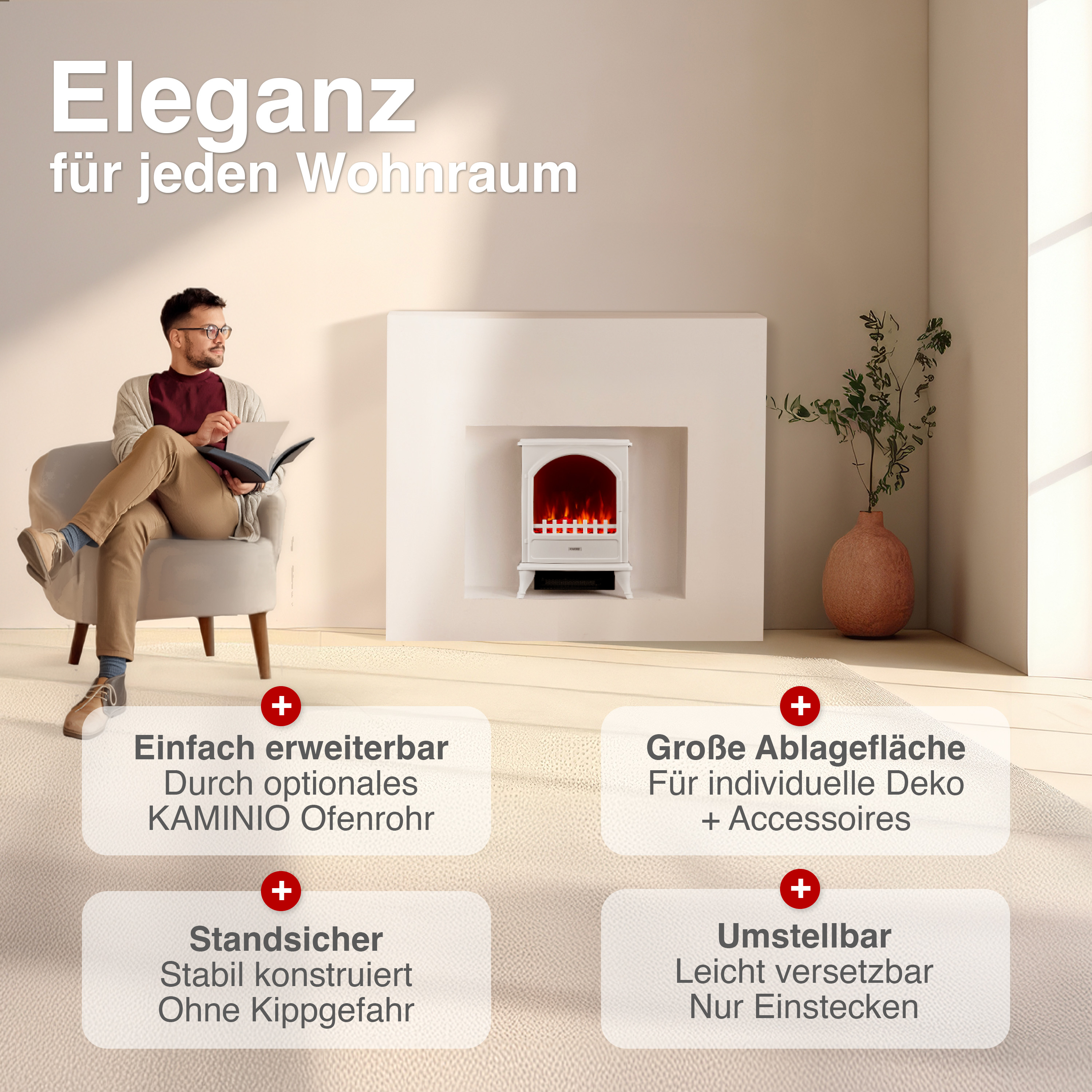 Ein Mann liest in einem Sessel vor einem weißen Kamin mit dekorativen Flammen.