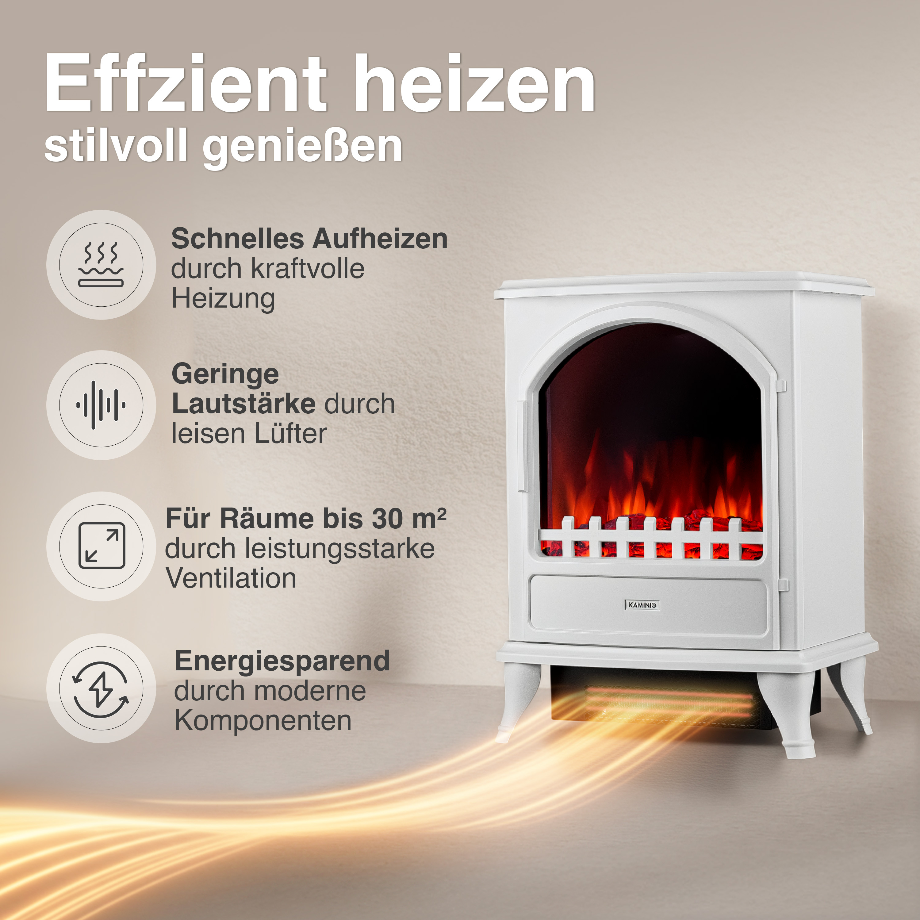 Ein weißer Elektrokamin mit Flammen-Effekt und Lüftungsschlitzen unten.