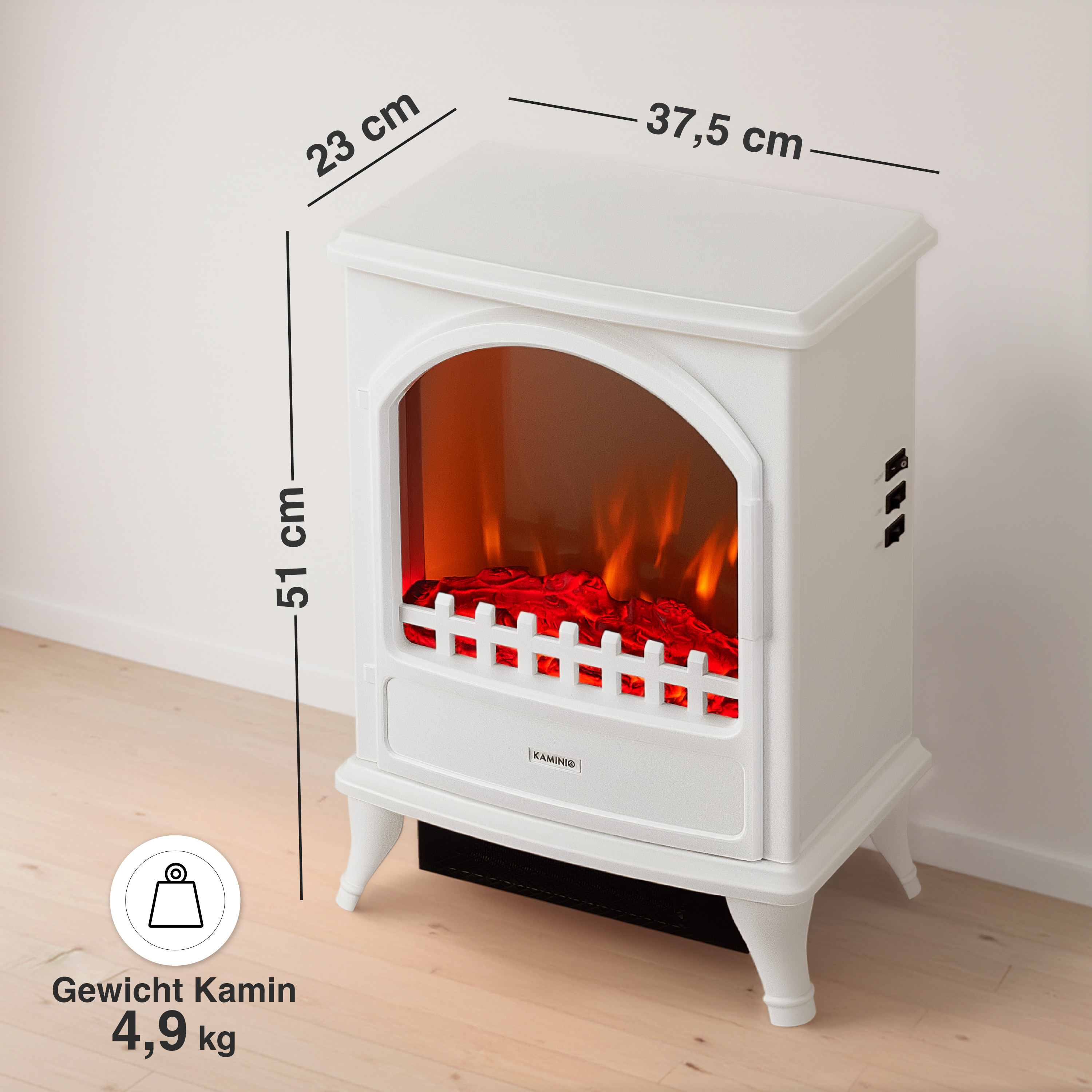 Ein weißer Elektrokamin mit Flammen-Effekt. Maße: 51x37,5x23cm, Gewicht 4,9kg.