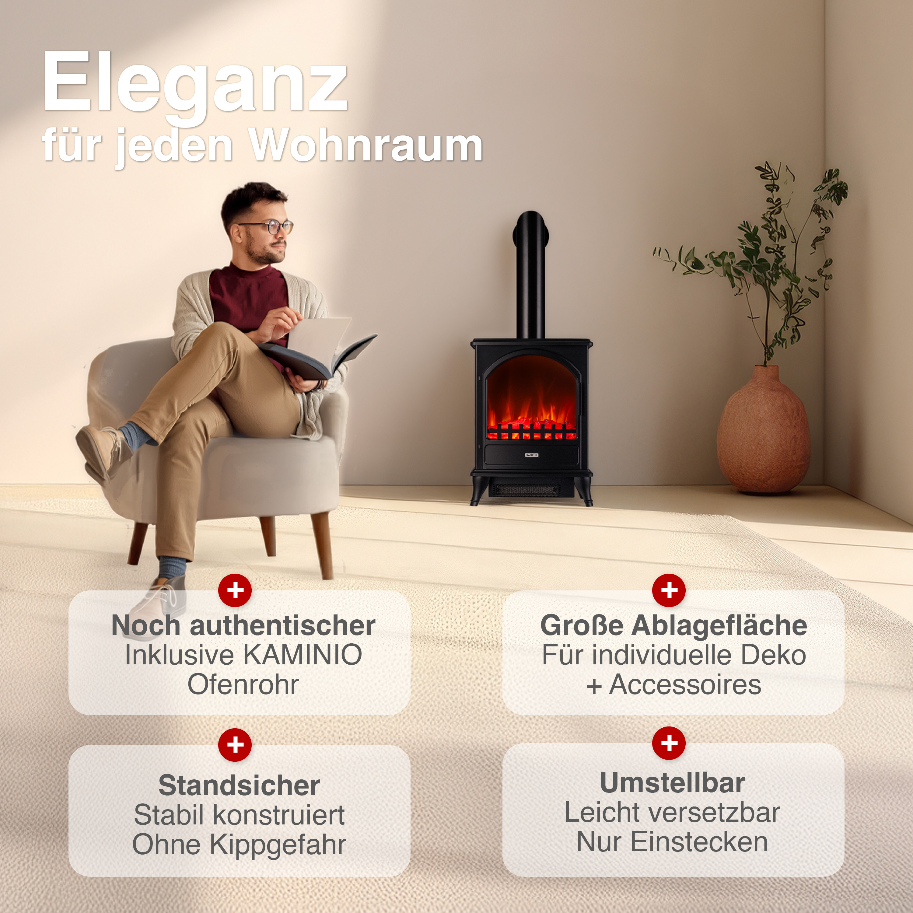 Ein Mann sitzt auf einem Sessel vor einem Kamin. Text über Eleganz.