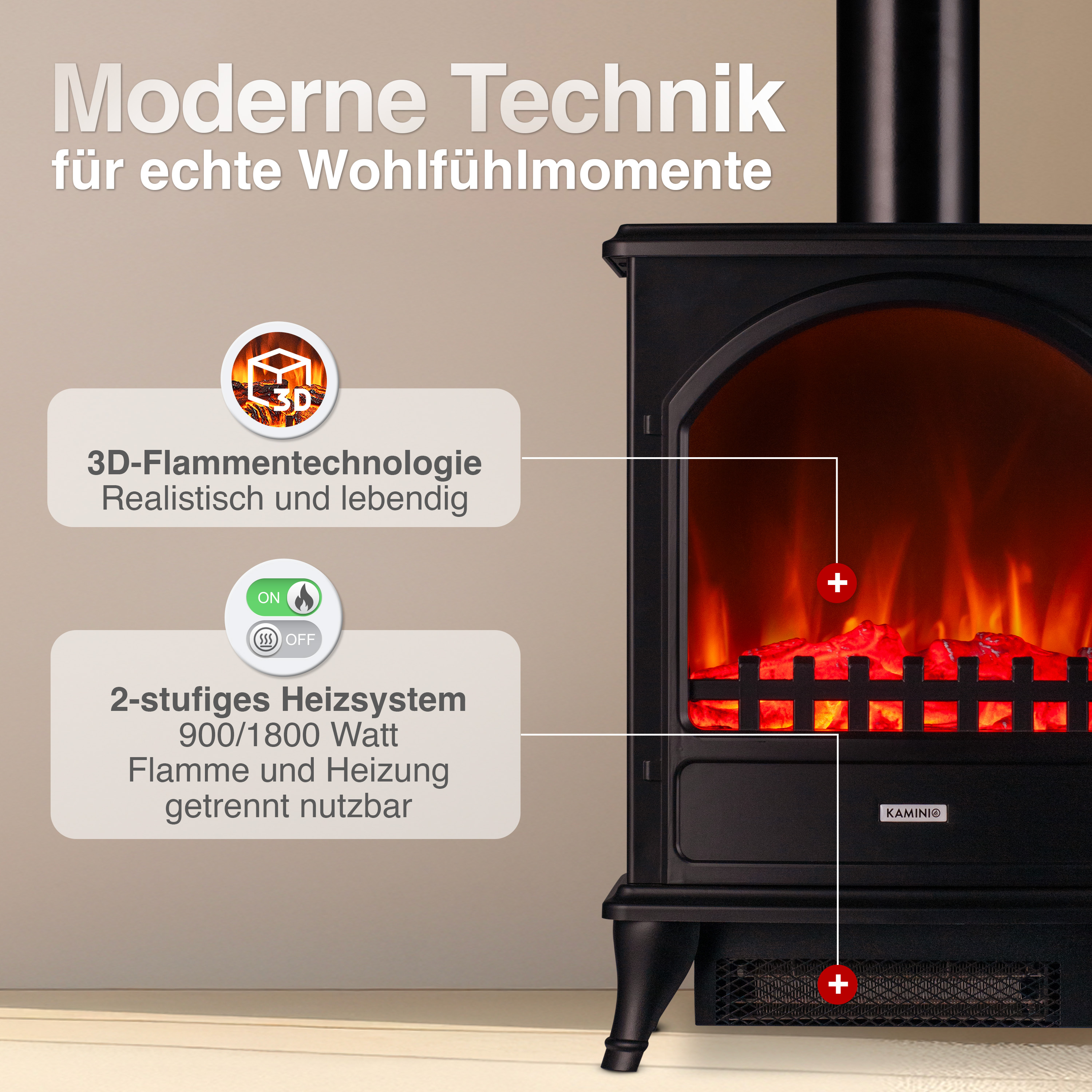 Schwarzer Kamin mit 3D-Flammen und Heizfunktion. Moderne Technik für Wohlfühlmomente.