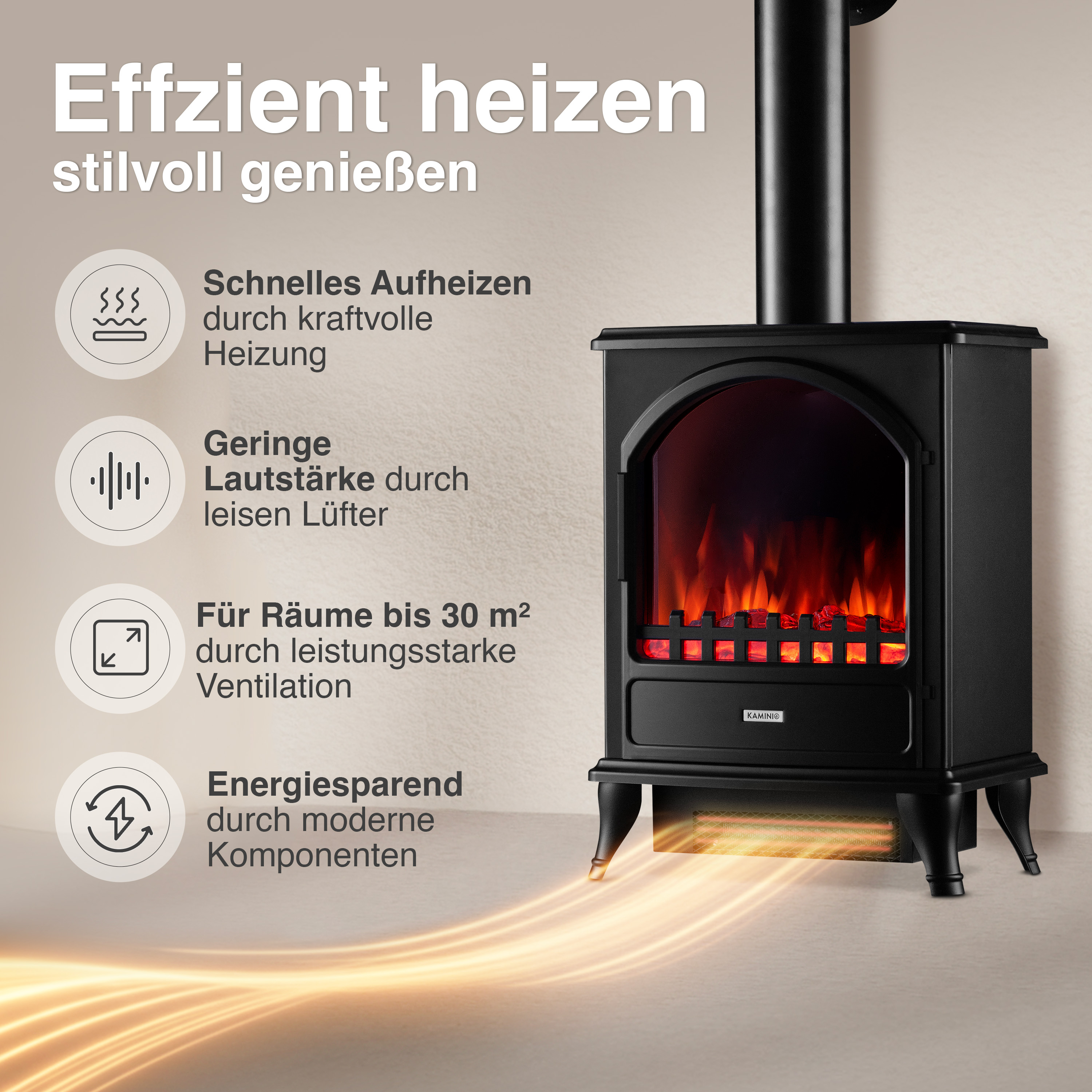 Schwarzer Kaminofen mit Flammen-Effekt und Hinweisen zu Heizleistung.