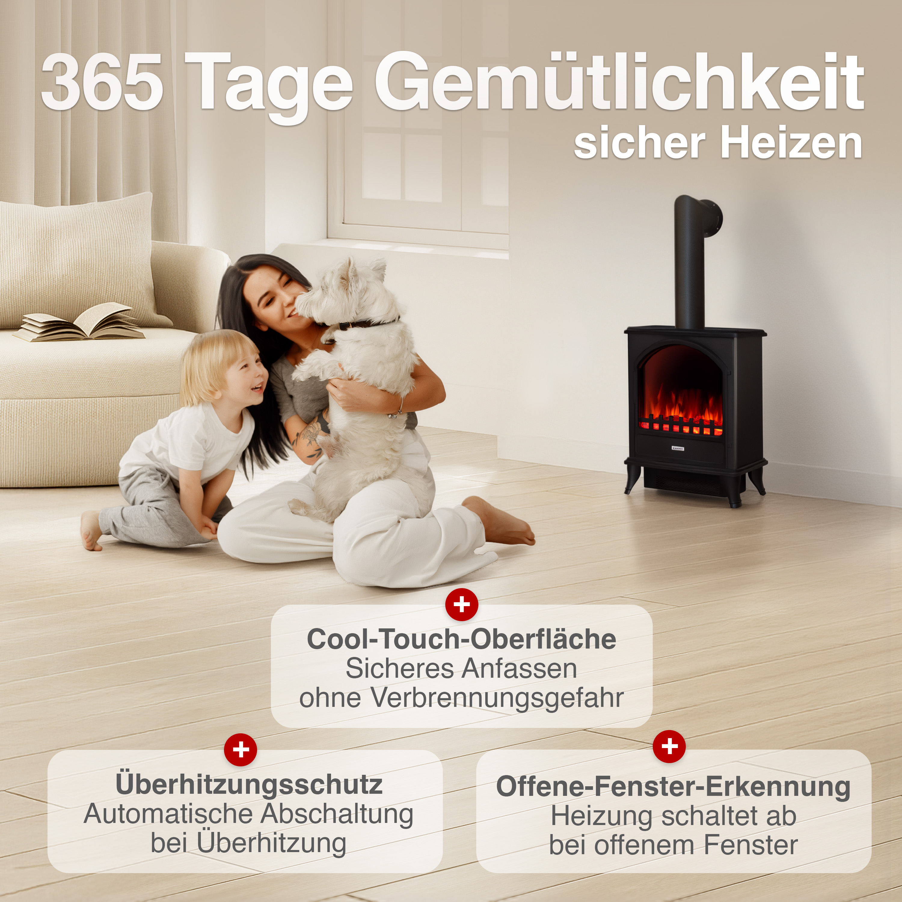 Frau mit Kind und Hund vor einem Kamin mit Flammen. Sicheres Heizen.