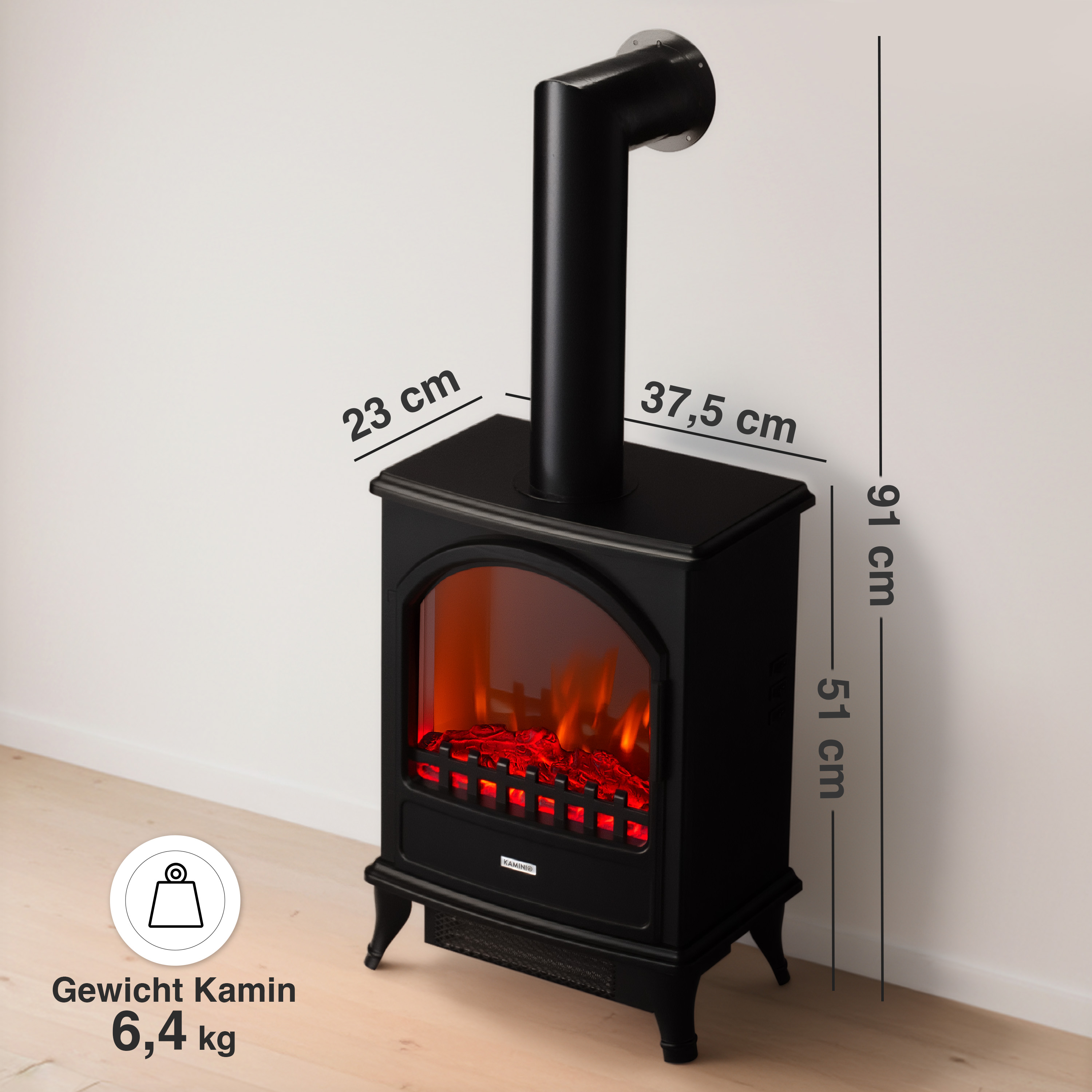 Schwarzer Kaminofen mit Flammen-Effekt, Maße: 91x37,5x23cm, Gewicht 6,4kg.