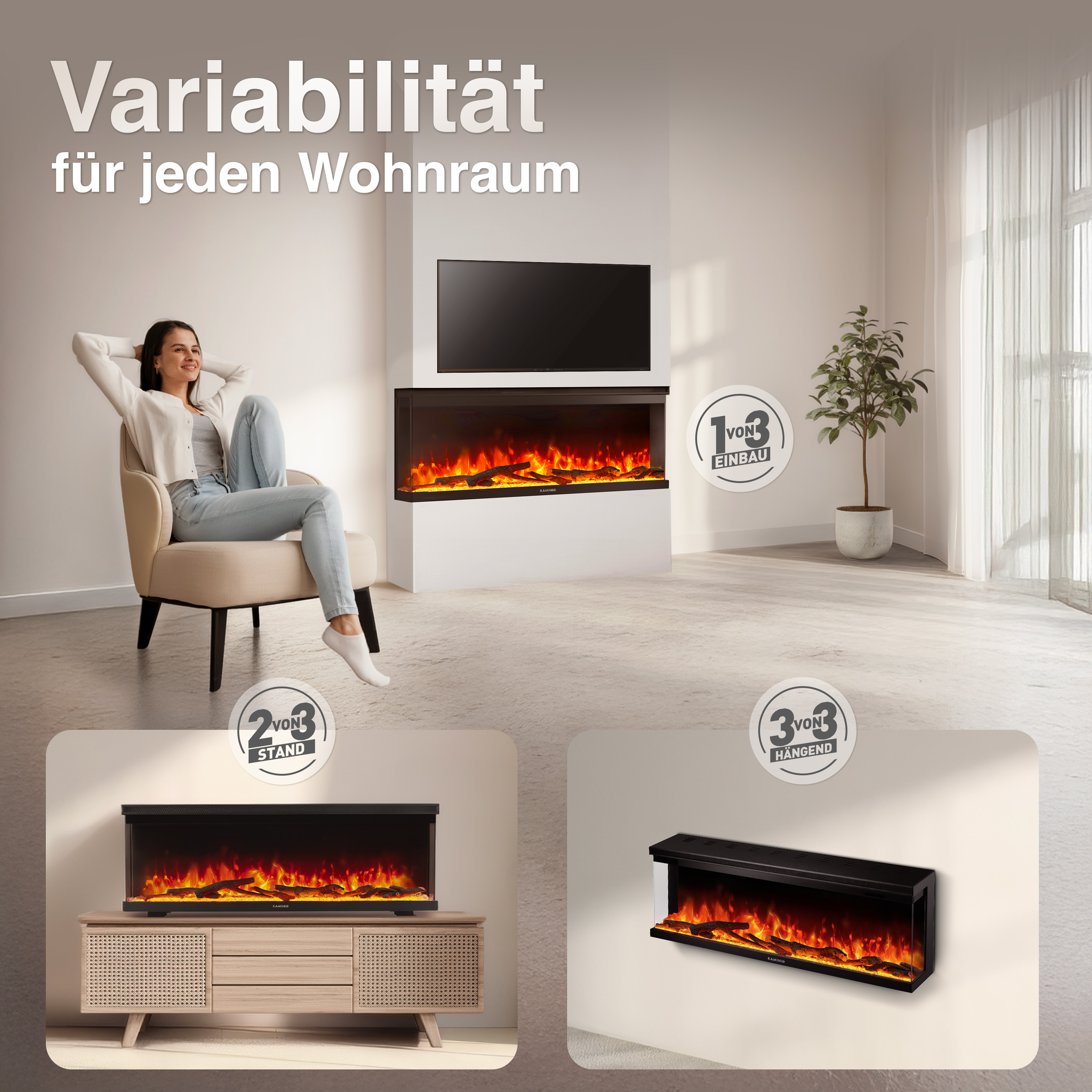 Ein Wohnzimmer mit Elektrokamin in drei Varianten: eingebaut, stehend, hängend.
