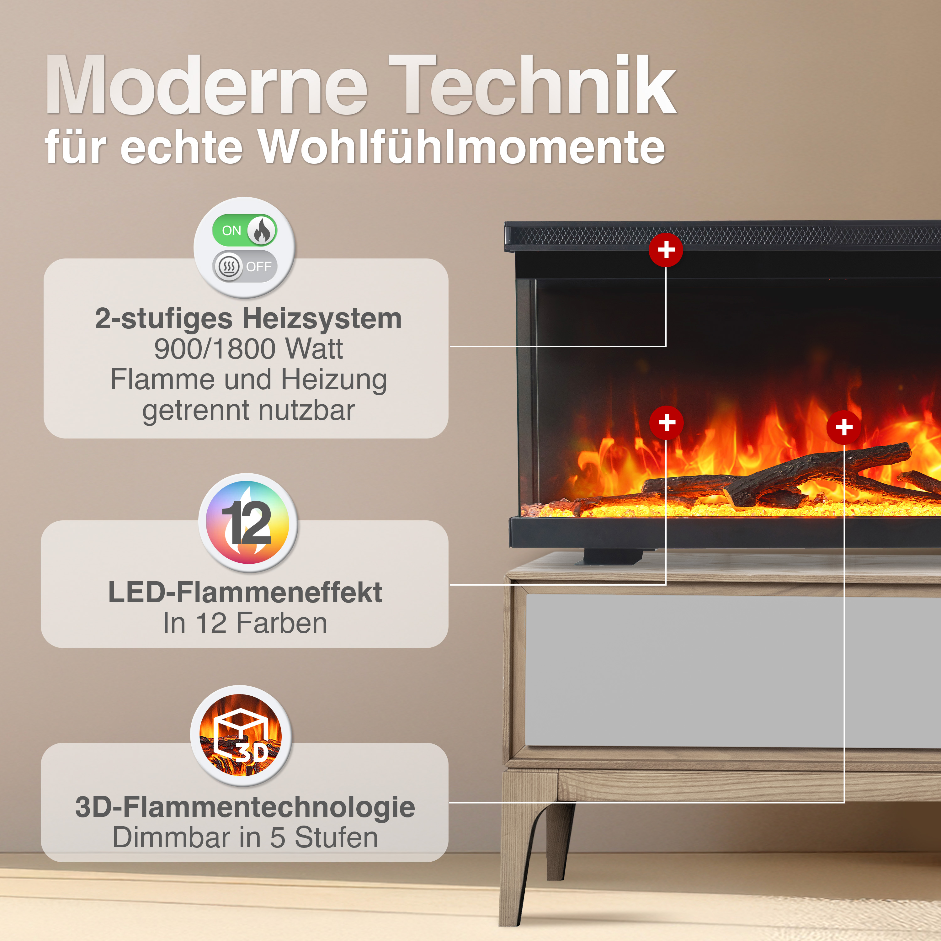 Moderner Kamin mit Flammen und Heizfunktion, 12 LED-Farben.