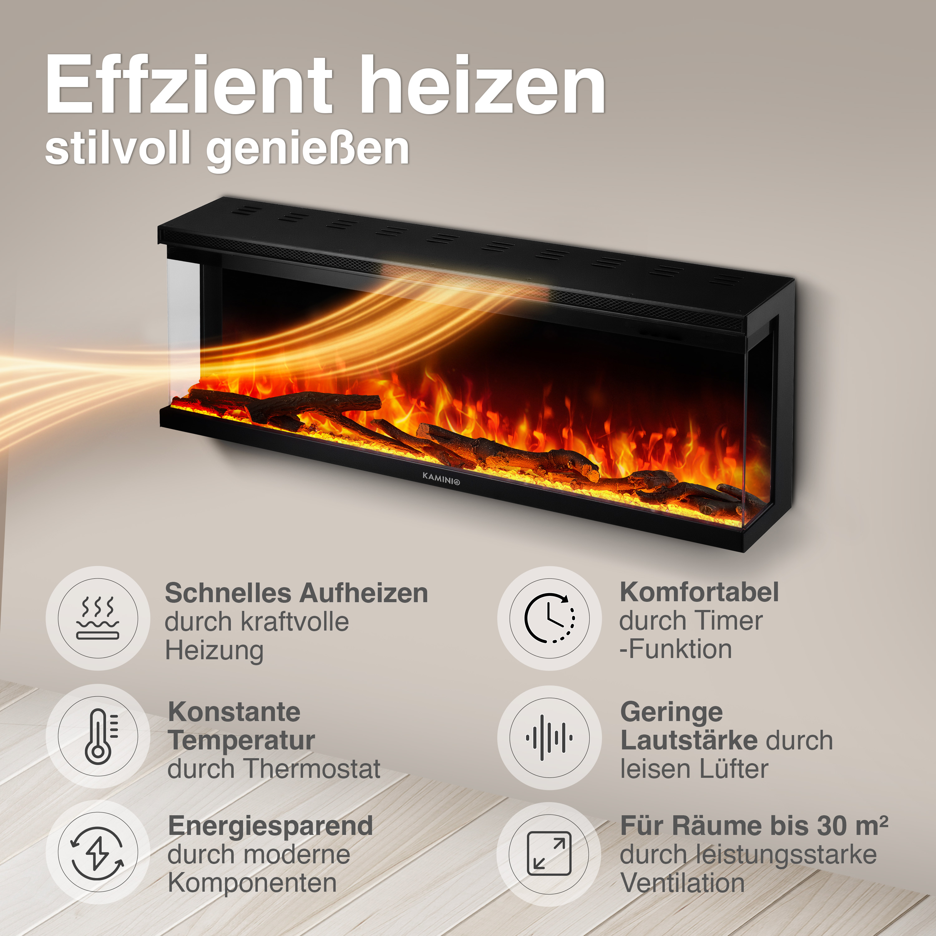Ein moderner schwarzer Elektrokamin mit realistischen Flammen und Holzscheiten.