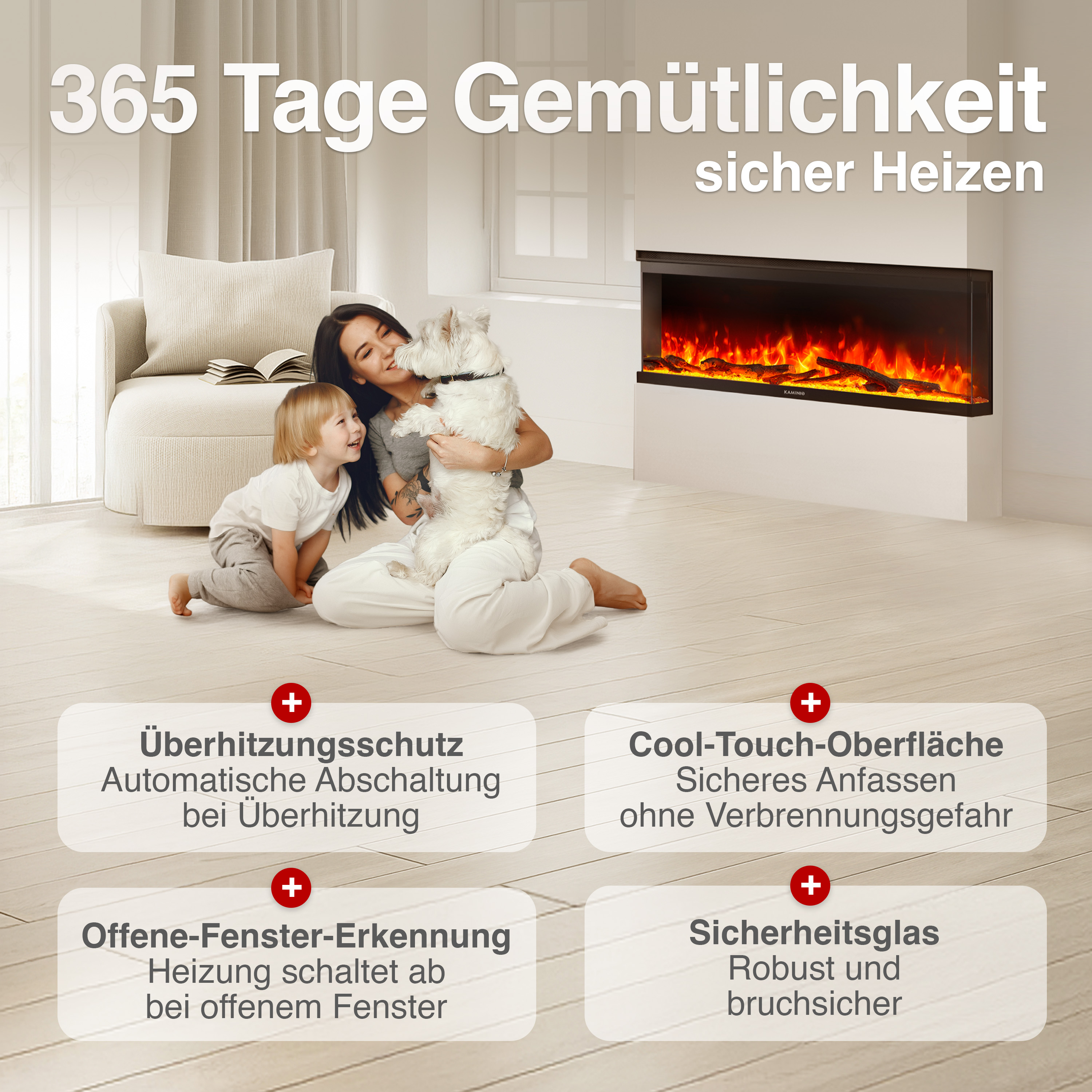 Frau mit Kind und Hund vor Elektrokamin mit Text über Sicherheit.