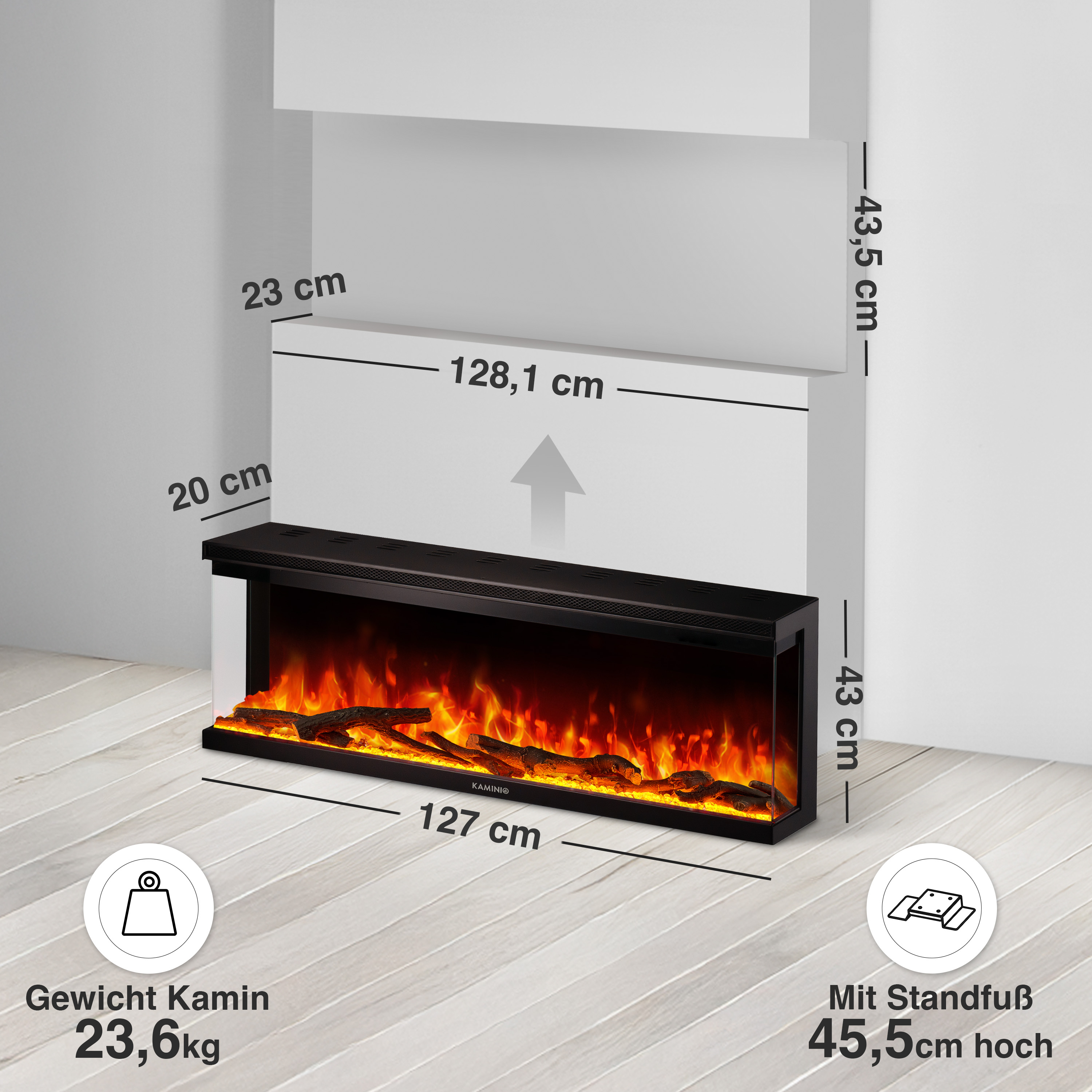 Ein schwarzer Elektrokamin mit Flammen und Holzscheiten. Maße sind angegeben.