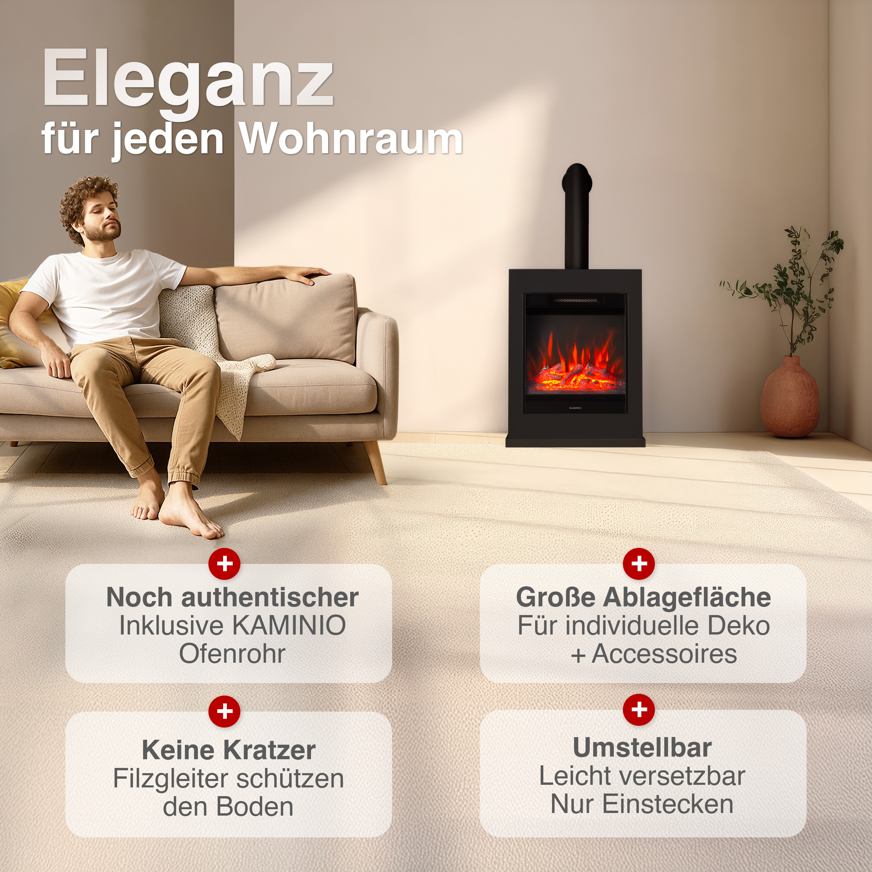 Mann sitzt auf Sofa vor elektrischem Kamin. "Eleganz für jeden Wohnraum."