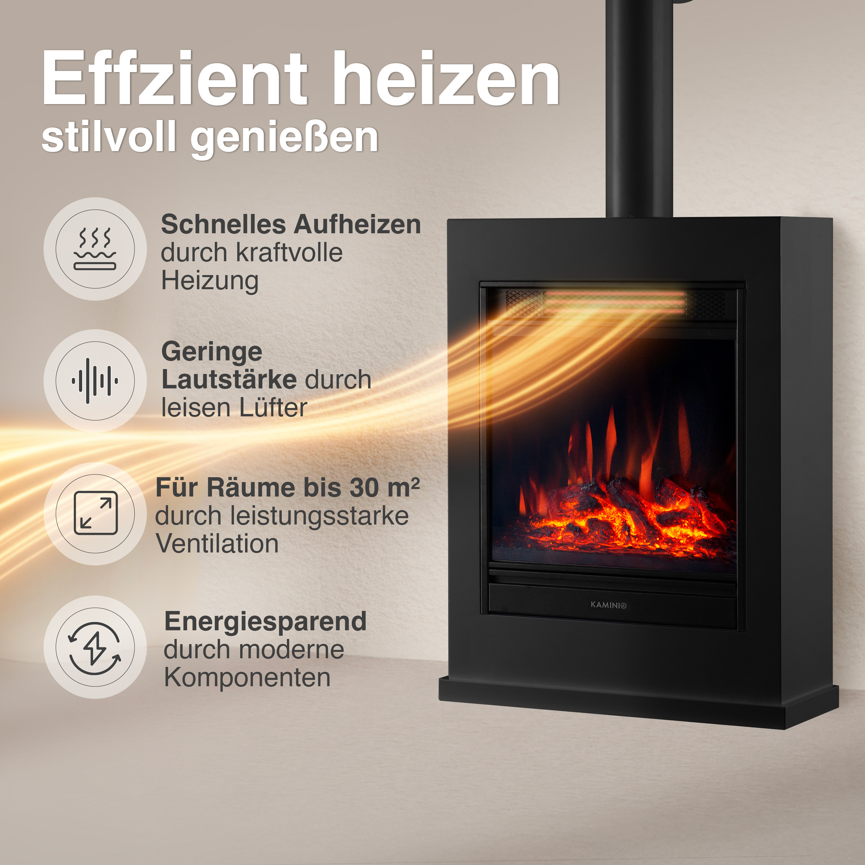 Schwarzer Elektrokamin mit Flammen-Effekt und Heizfunktion, links Features.
