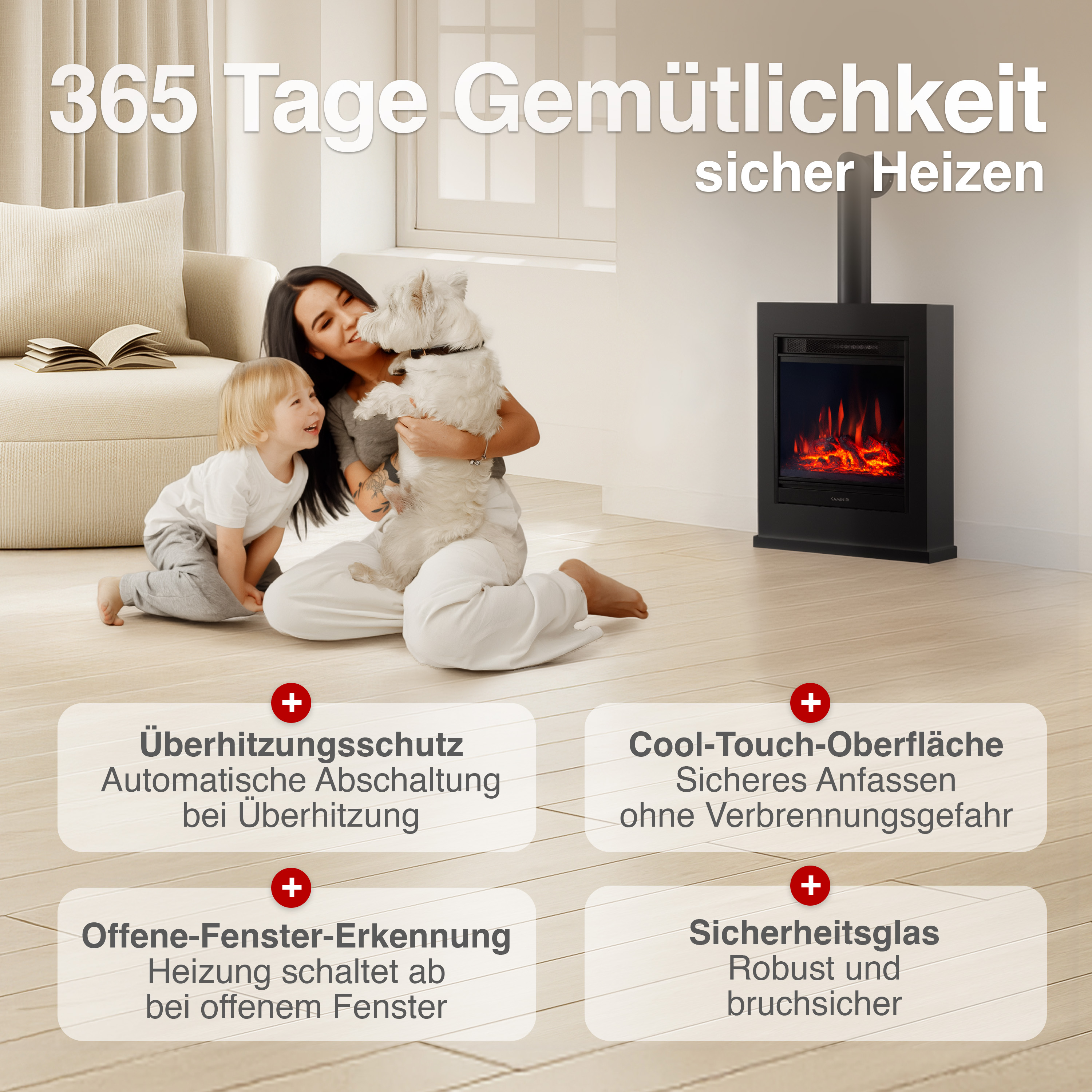 Familie mit Hund vor elektrischem Kamin, mit Text über Sicherheit.