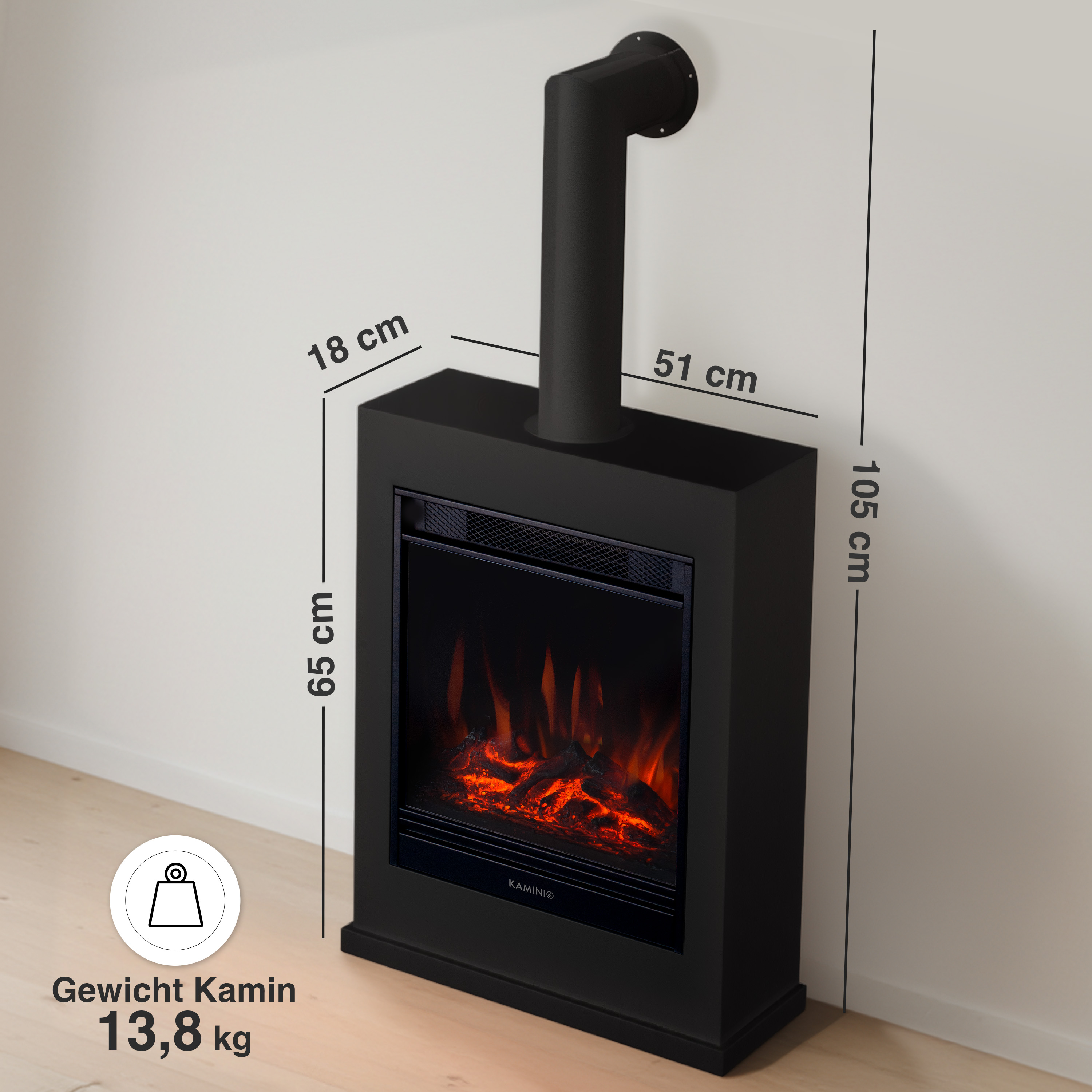 Schwarzer Kamin mit Rauchrohr und Maßangaben: 18x51x105cm.