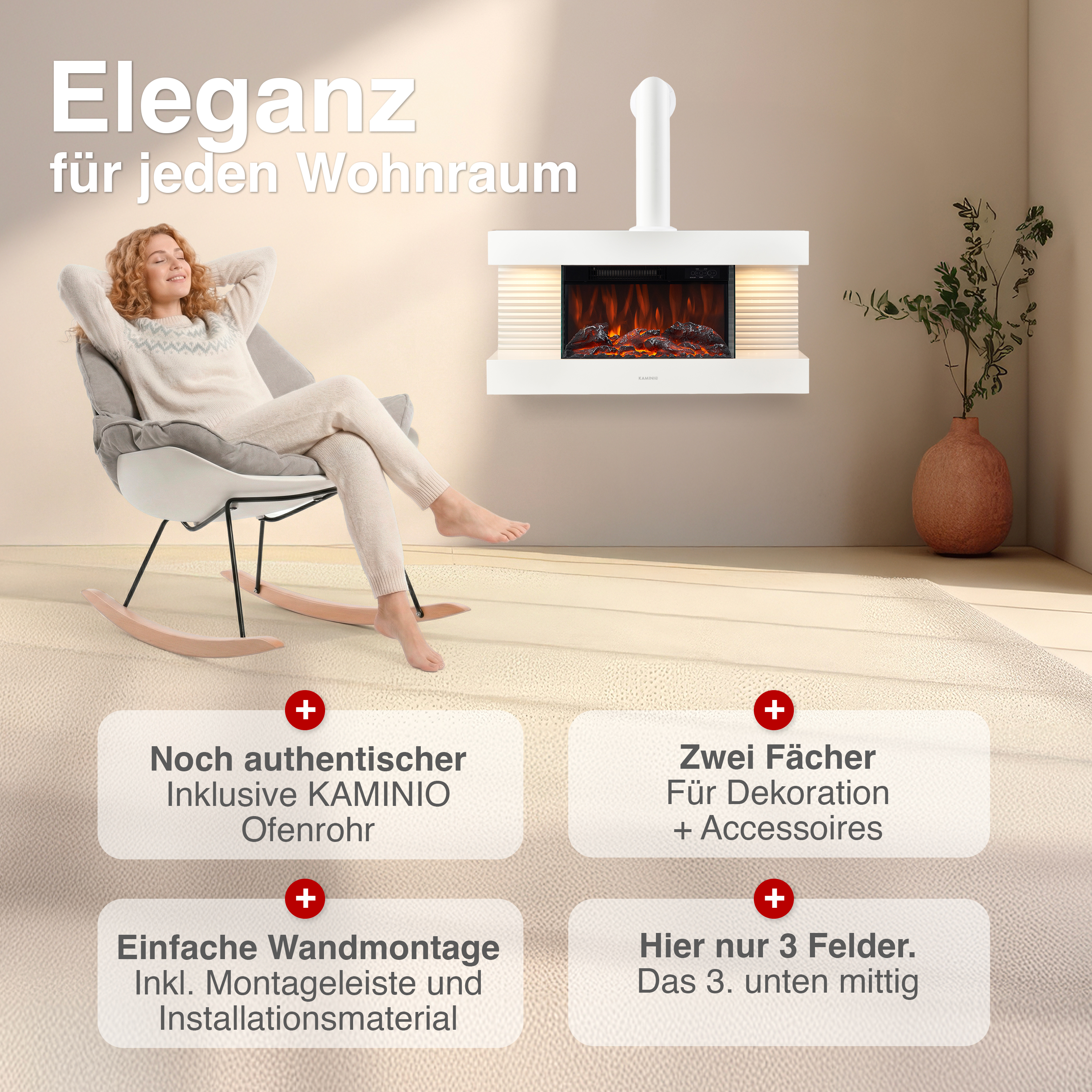 Eine Frau entspannt sich in einem Schaukelstuhl vor einem modernen Kamin.