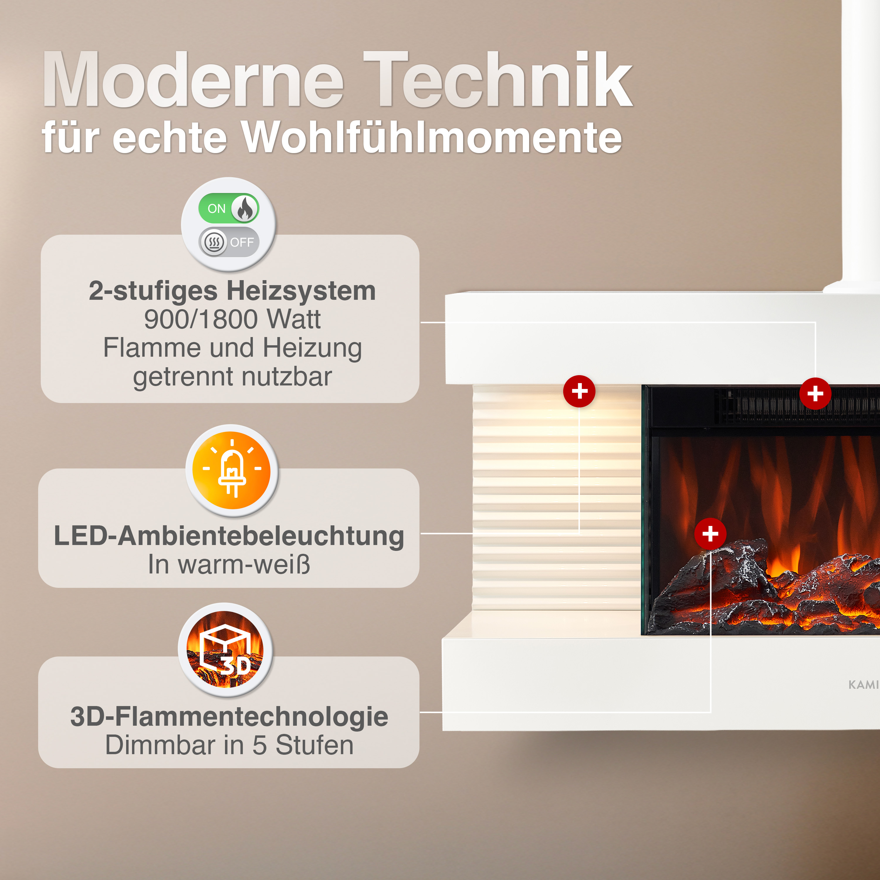 Moderner Kamin mit 2-stufigem Heizsystem, LED-Beleuchtung und 3D-Flammentechnologie.