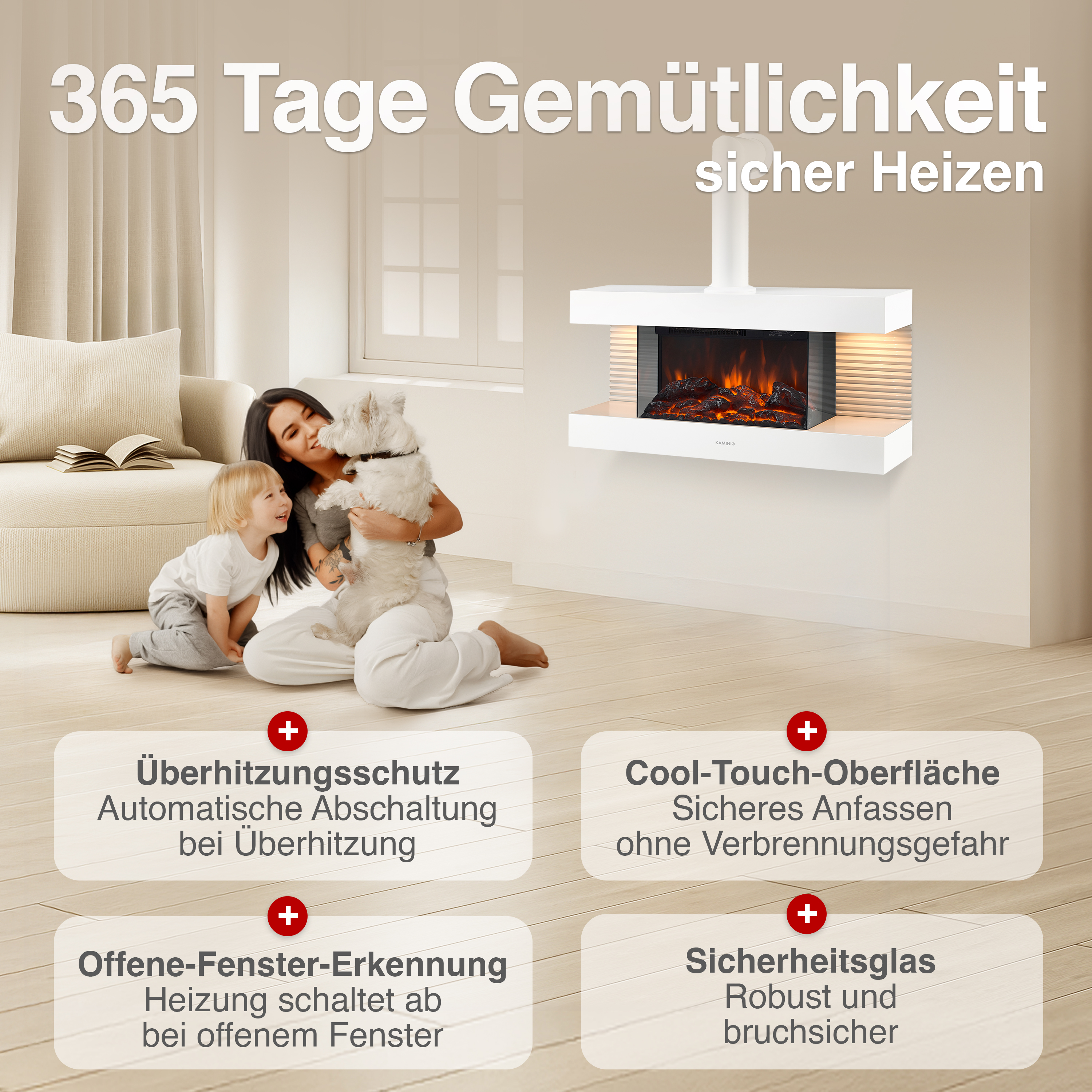 Familie mit Hund vor modernem Kamin mit deutschen Textfeldern.