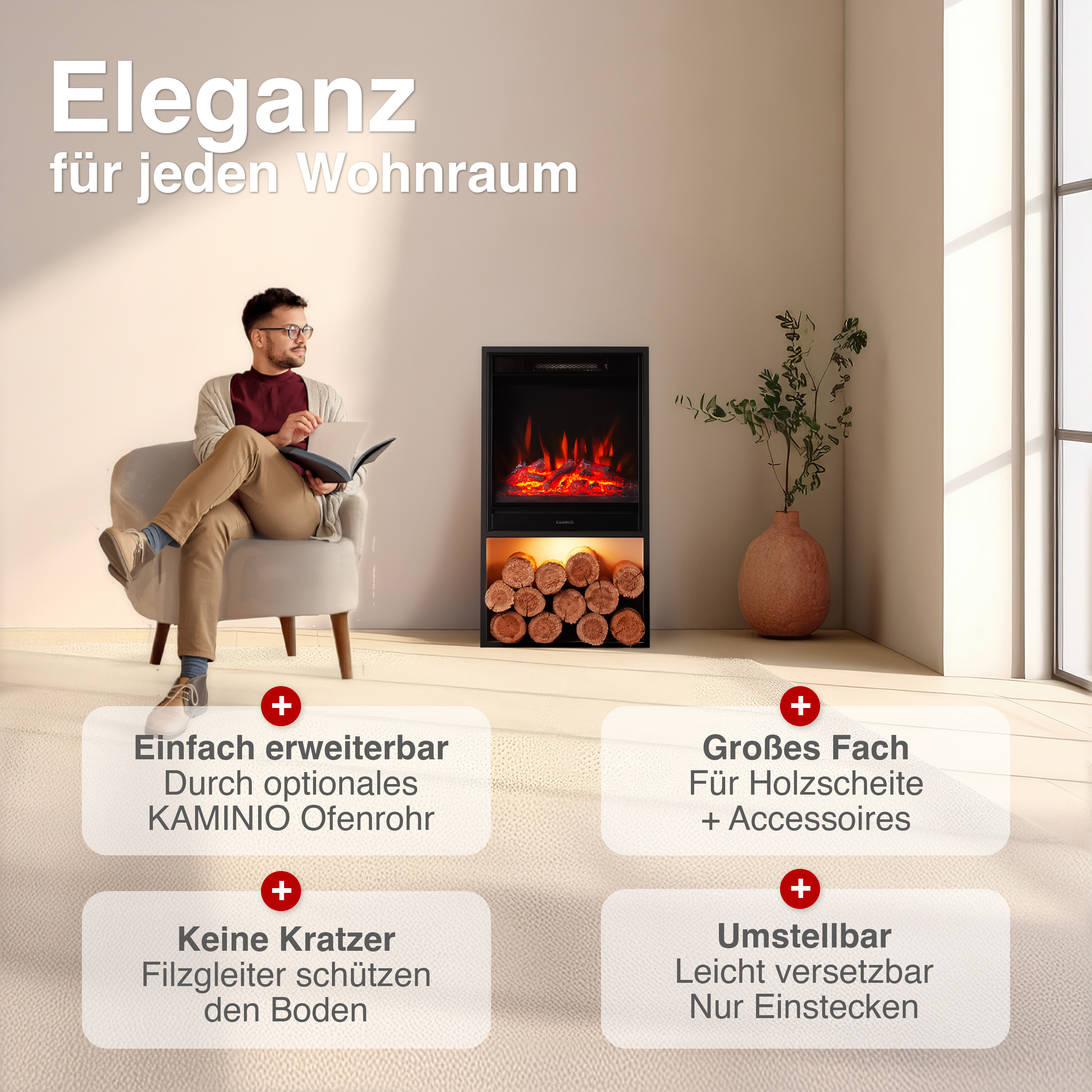 Mann im Sessel liest Buch, Kamin mit Holz, Pflanze, Fenster. Elegante Wohnraumgestaltung.
