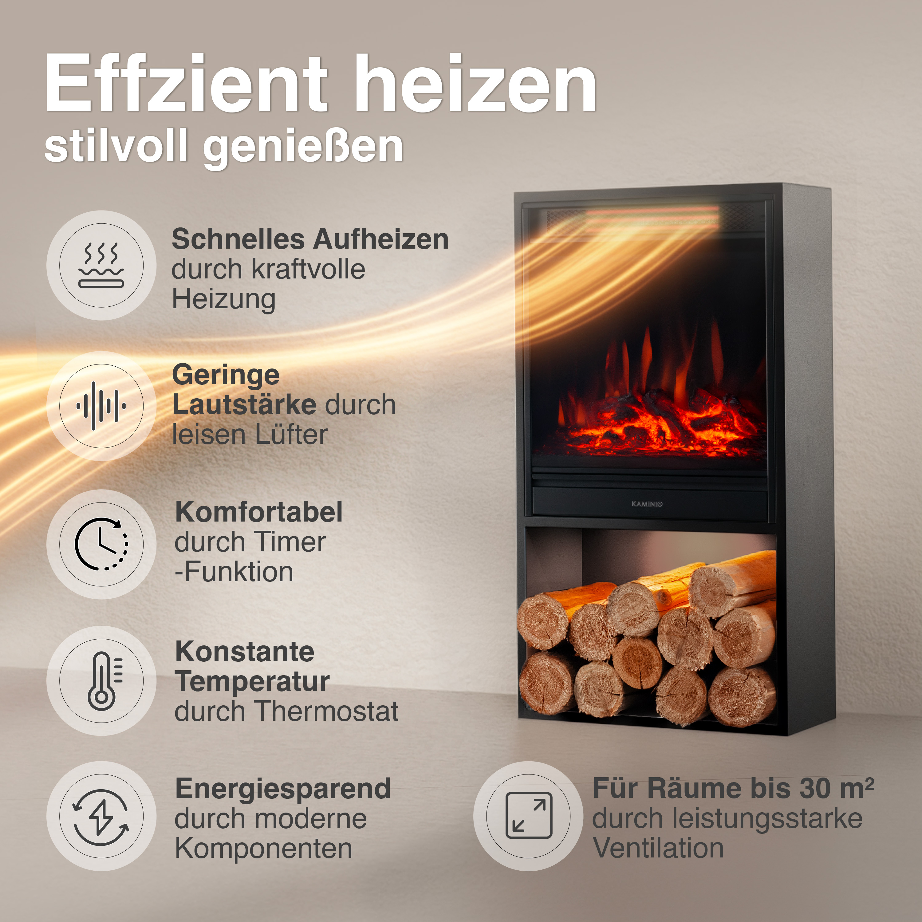 Elektrischer Kamin mit Holzstapel und Heizeffekten.