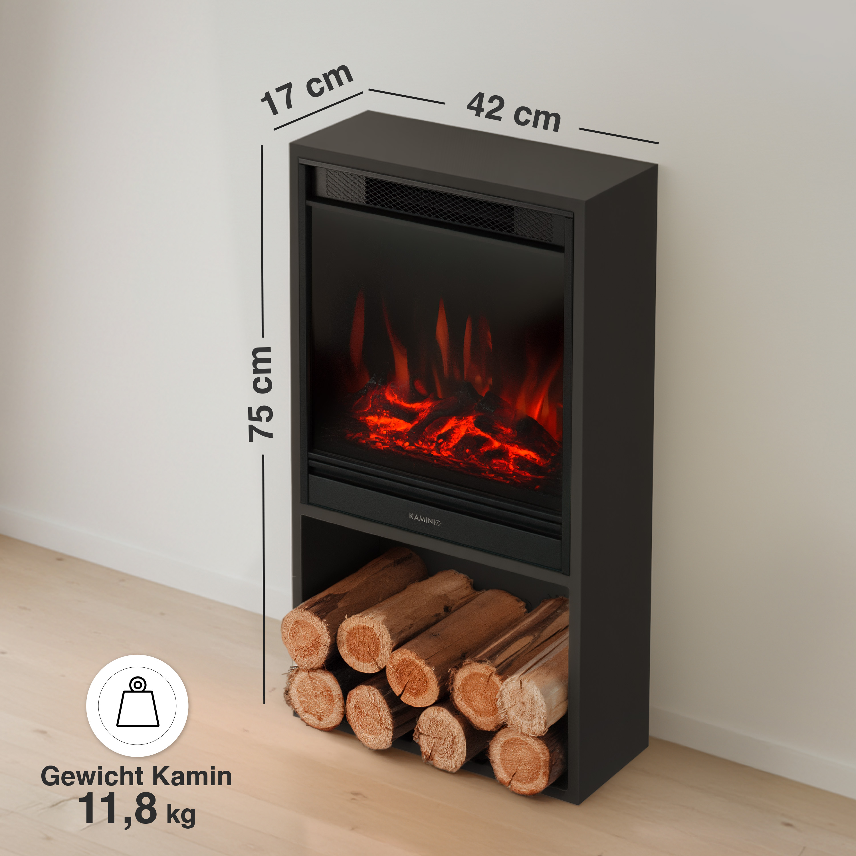 Ein schwarzer Elektrokamin mit Holzlager und Maßangaben.