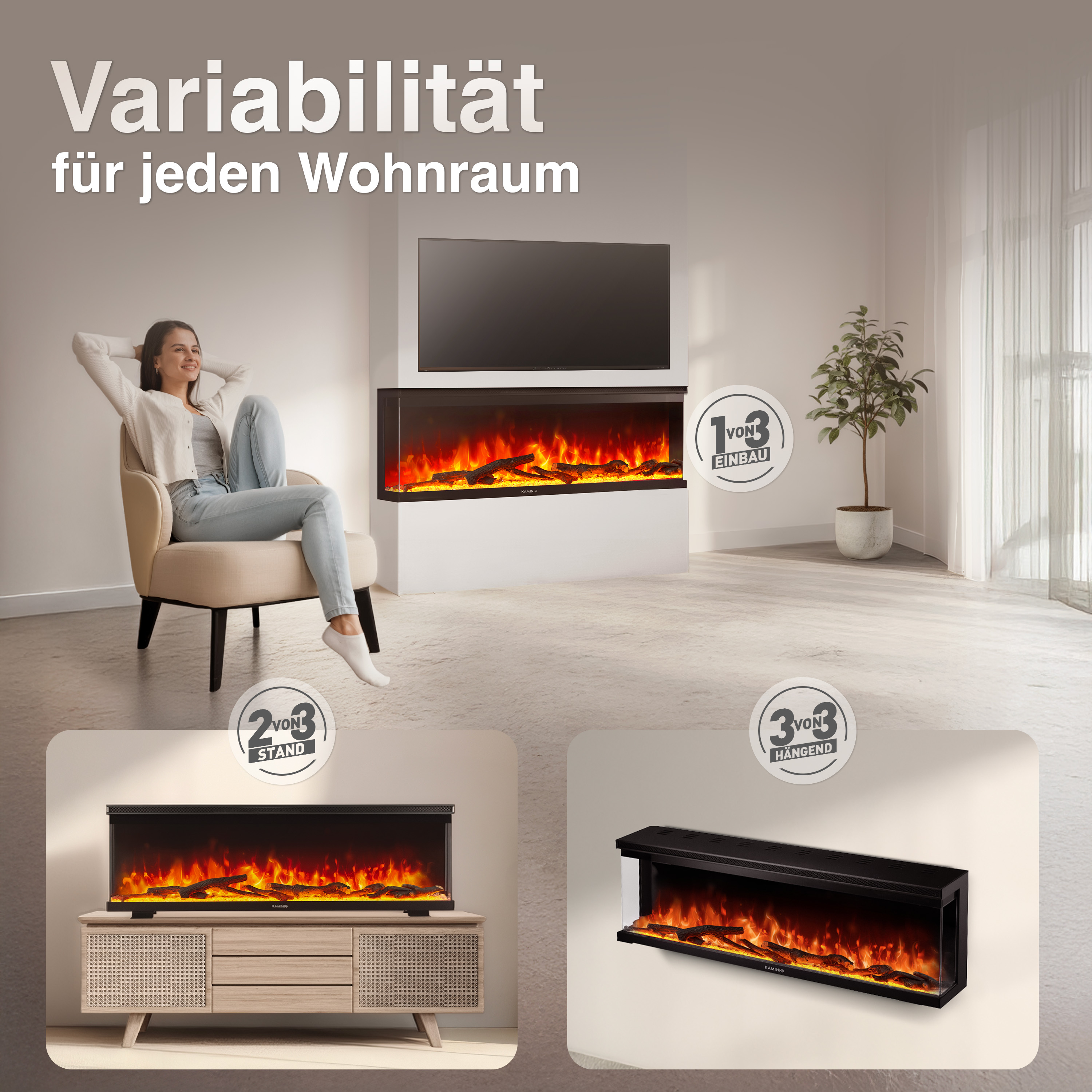 Ein moderner Wohnraum mit drei Kaminvarianten: eingebaut, stehend und hängend.